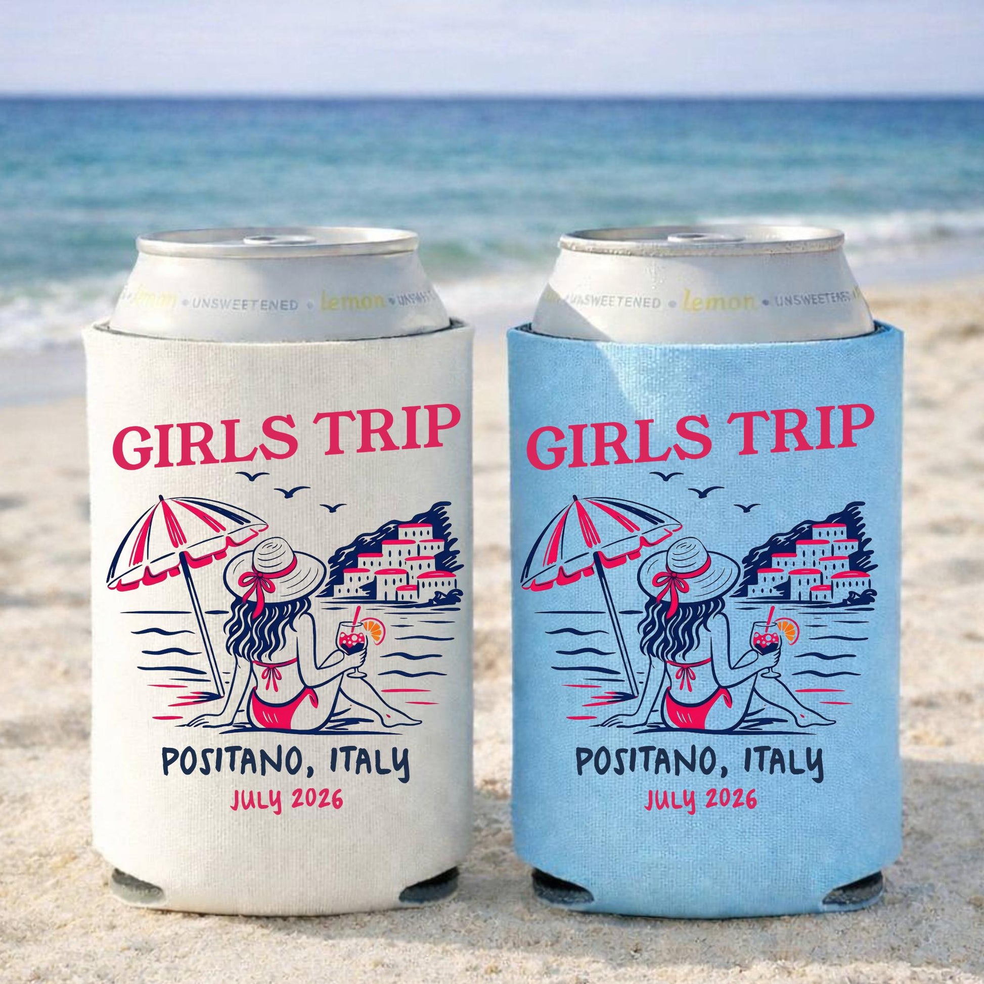 Girls Trip Beach Bachelorette Can Coolers, Personalized Coastal Skinny Can Cooler Sleeves, Girls Weekend Party Favor