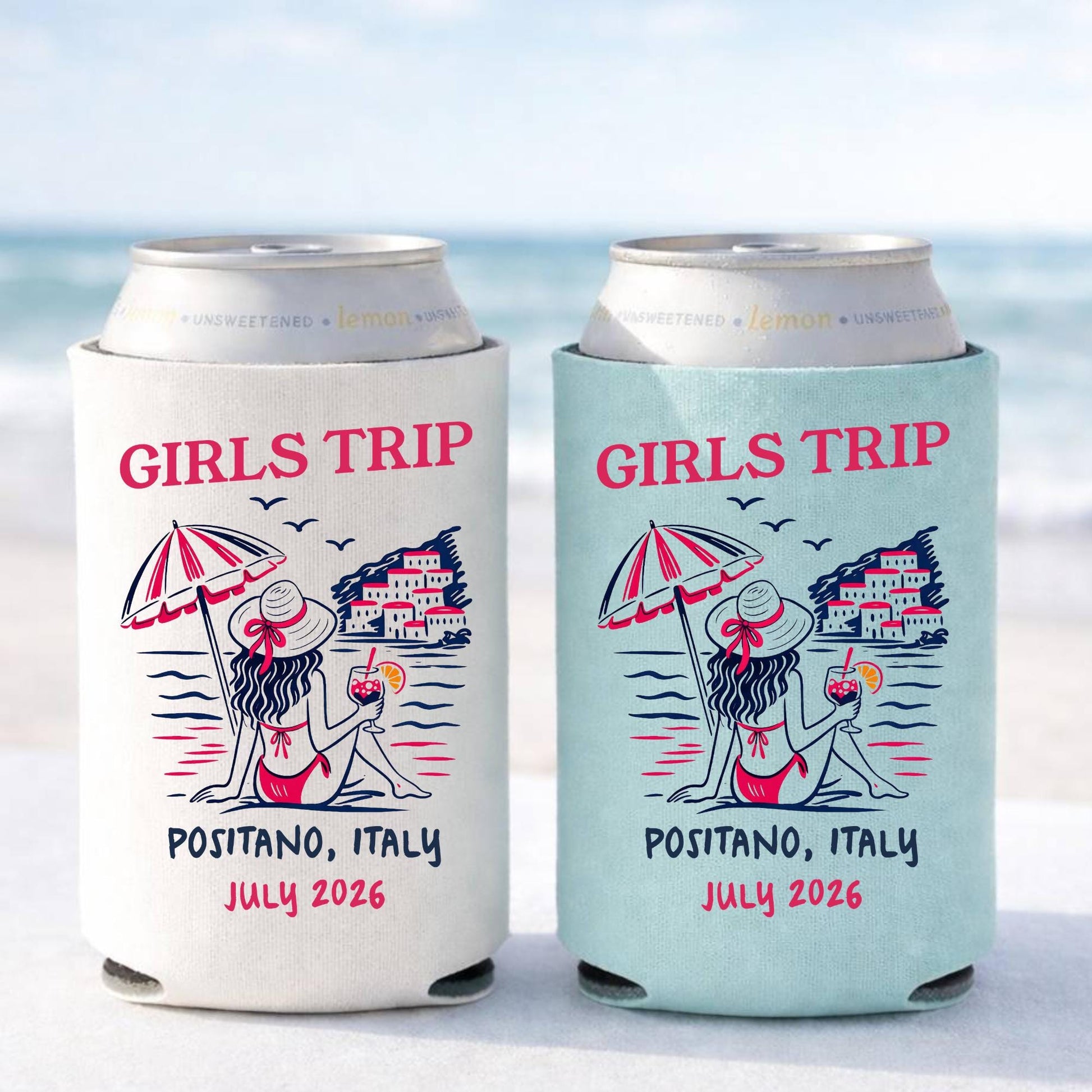 Girls Trip Beach Bachelorette Can Coolers, Personalized Coastal Skinny Can Cooler Sleeves, Girls Weekend Party Favor