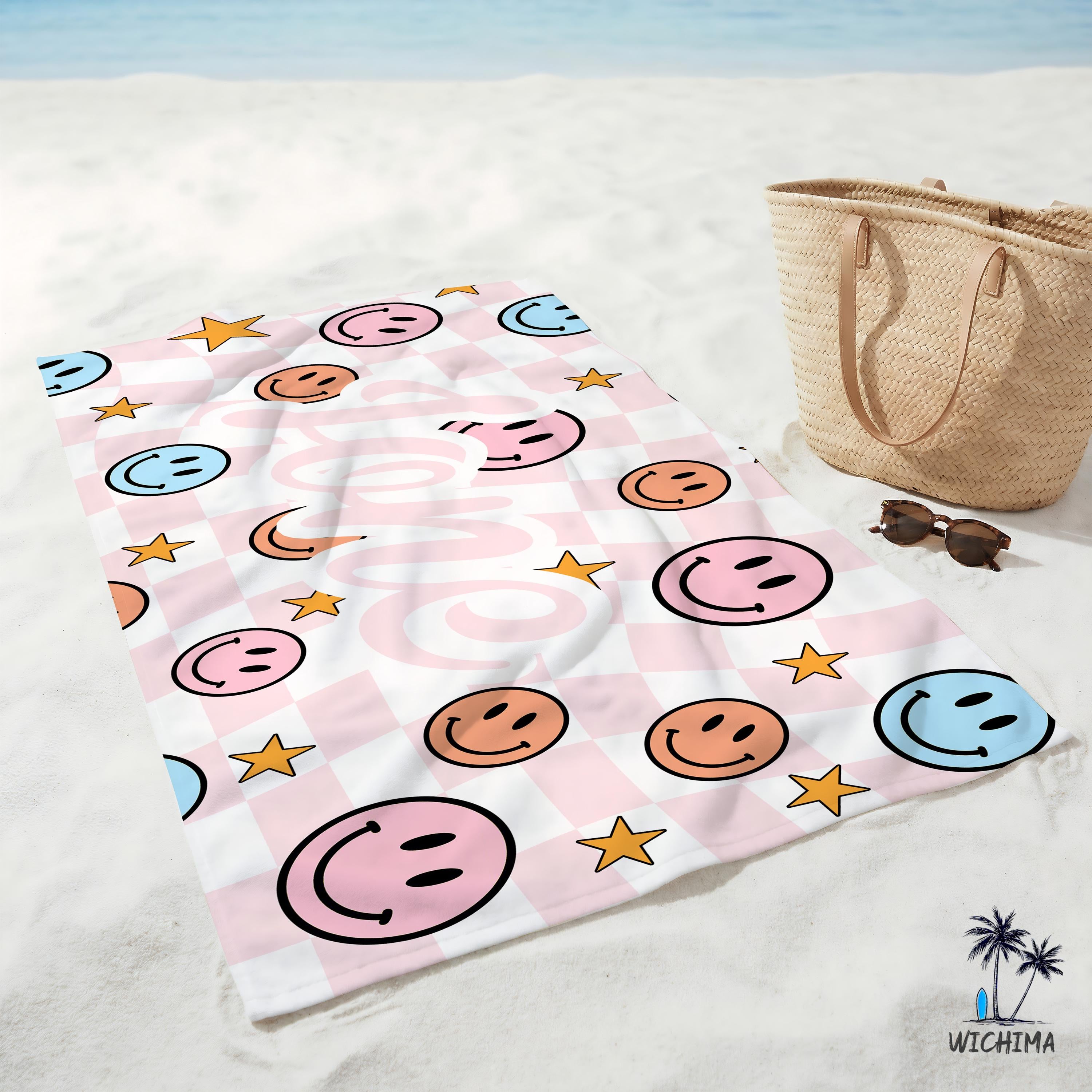 Custom Checkered Smiley Towels,Friends Towel Customization,Birthday Beach Towel with Name,Colorful Kids Gift,Kids Towels,Vacation Pool Towel