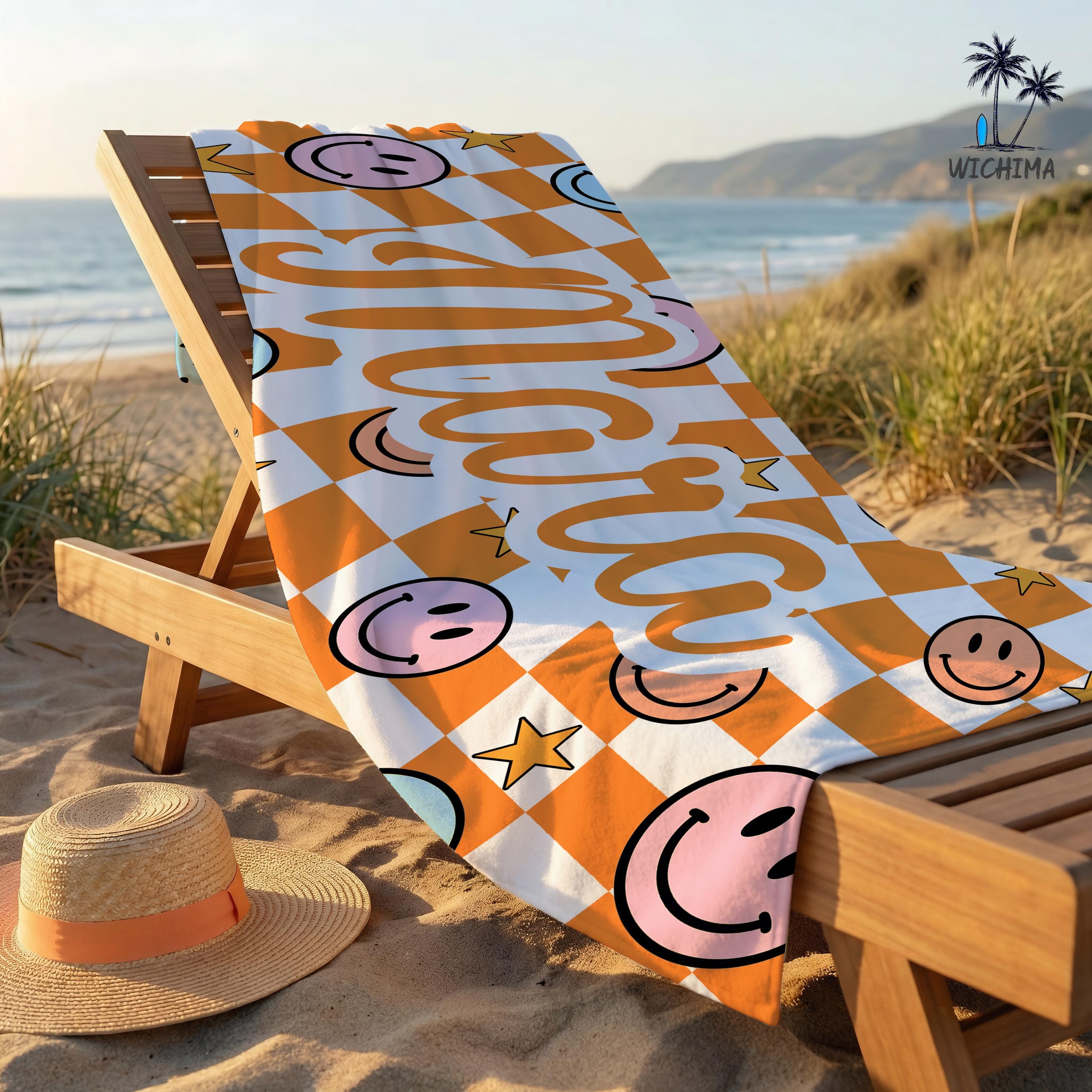 Custom Checkered Smiley Towels,Friends Towel Customization,Birthday Beach Towel with Name,Colorful Kids Gift,Kids Towels,Vacation Pool Towel