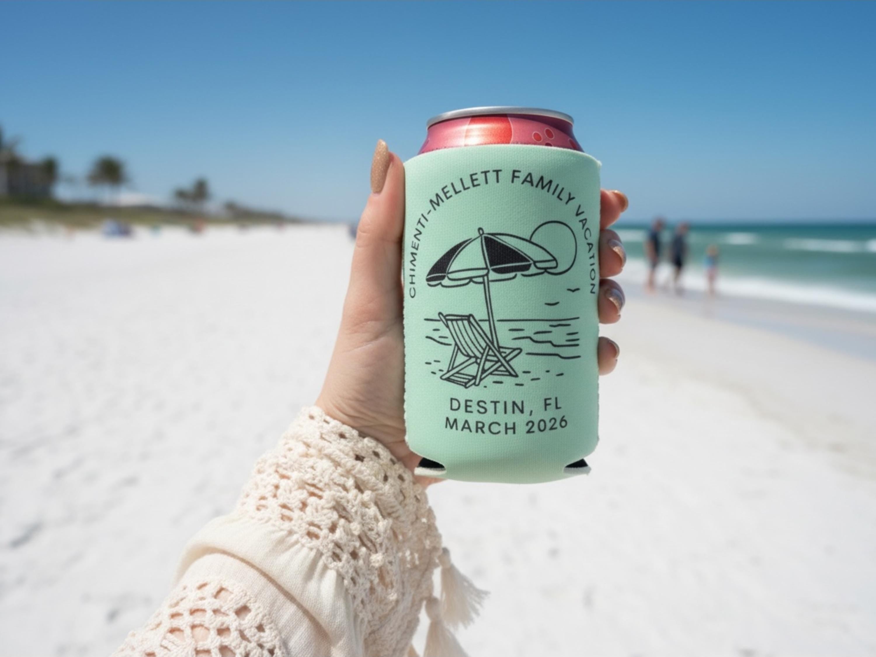Personalized Neoprene Can Cooler: Beach Vacation, Family Reunion Favor