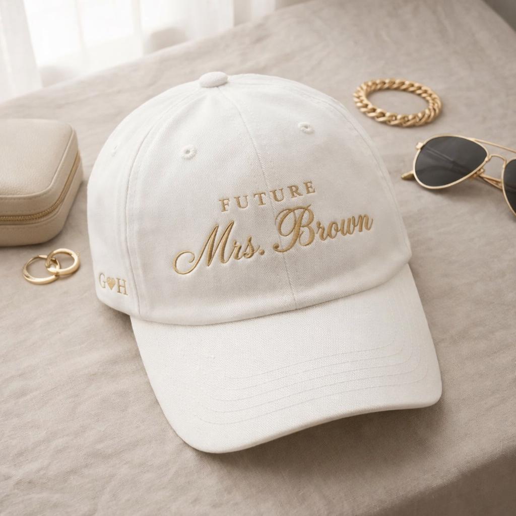 Custom Embroidered Bride Cap – Future Mrs Hat, Personalized Wedding Gift, Minimalist White Baseball Cap