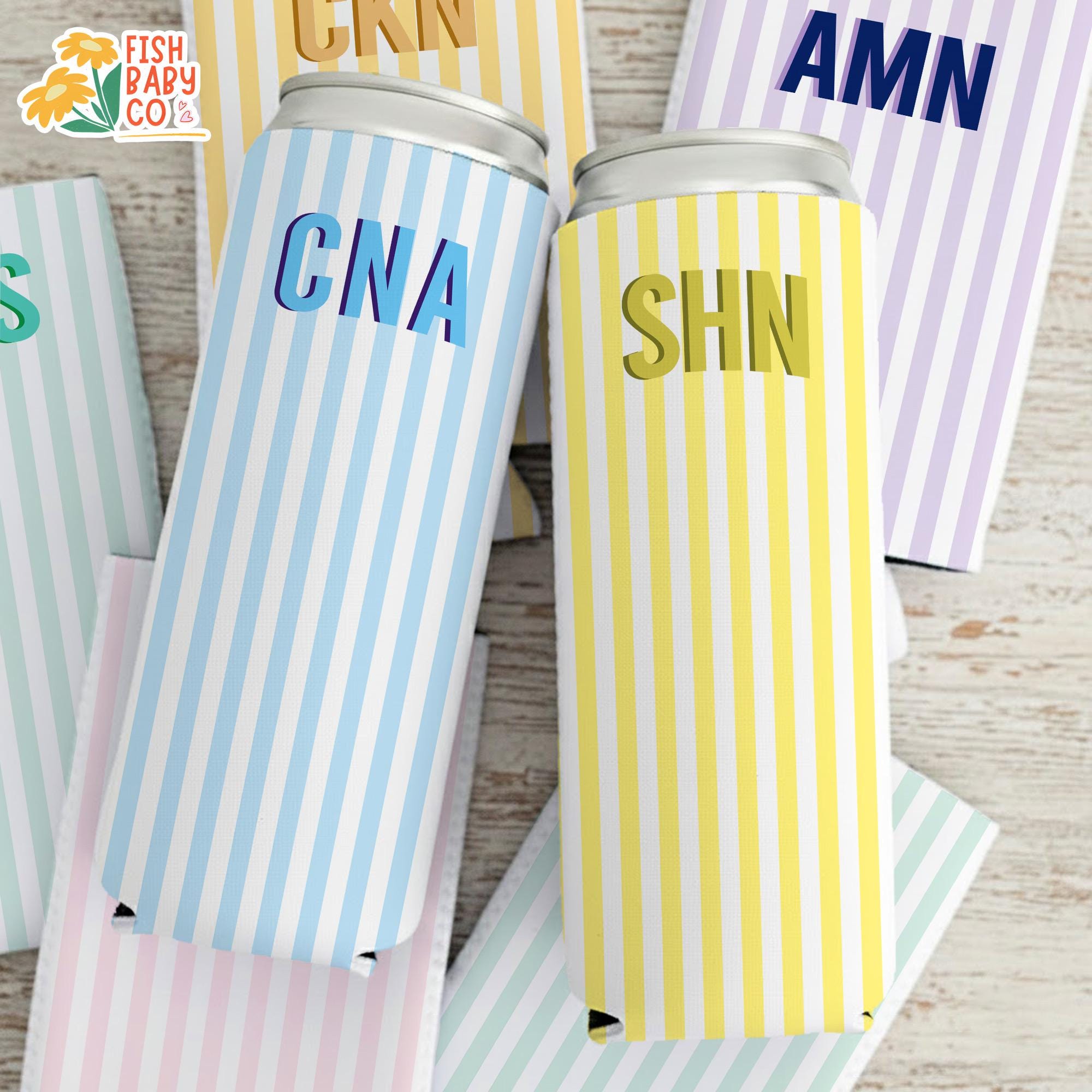 Monogram Bachelorette Slim Can Cooler, Personalized Name Coastal Bach Club Drink Sleeves, Beach Bachelorette Bridal Party Favors