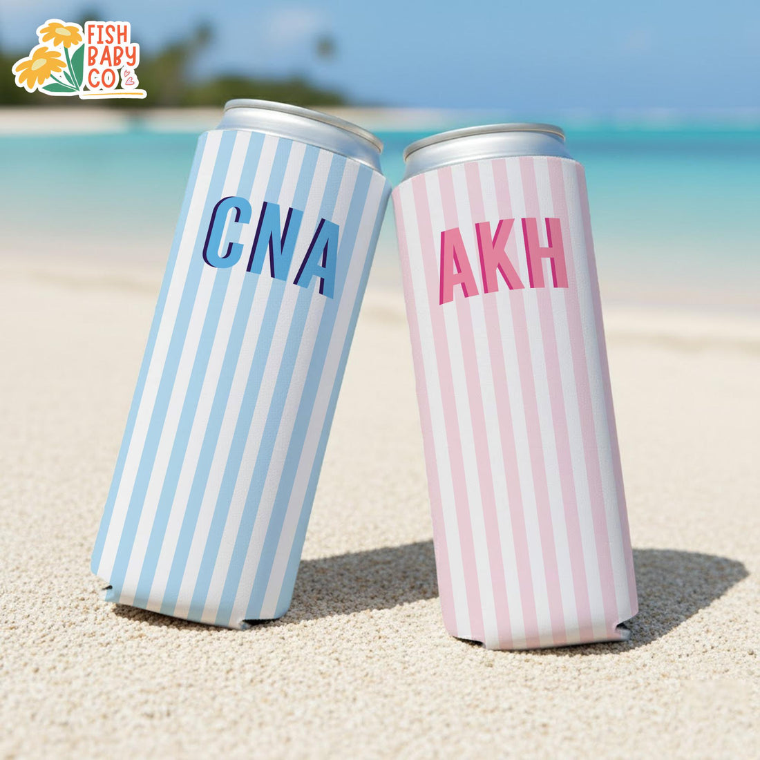 Monogram Bachelorette Slim Can Cooler, Personalized Name Coastal Bach Club Drink Sleeves, Beach Bachelorette Bridal Party Favors