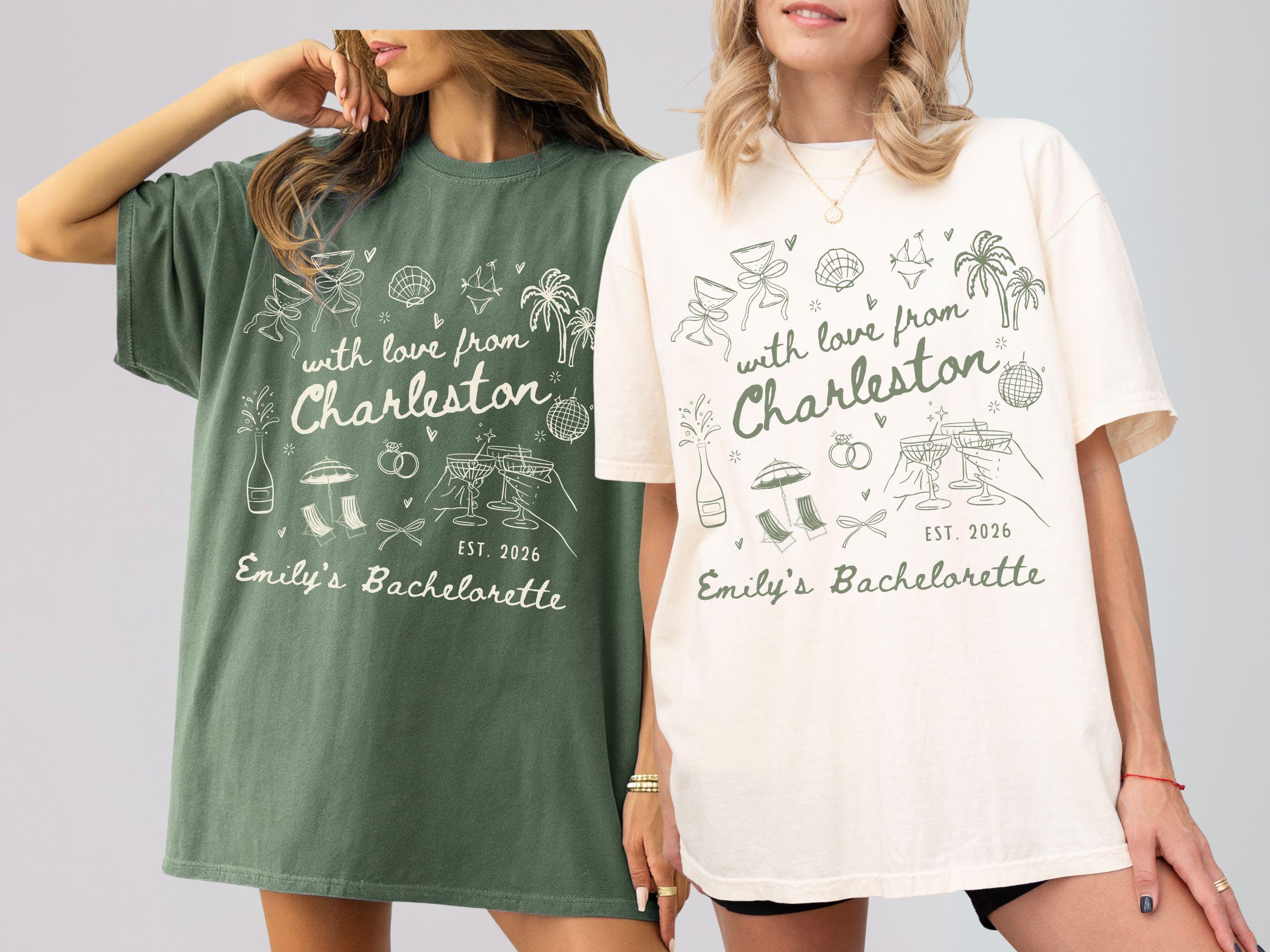 With Love From Charleston Bachelorette Shirt, Custom Location Beach Bridal Party Matching T-Shirt, Tropical Girls Weekend Trip Tops