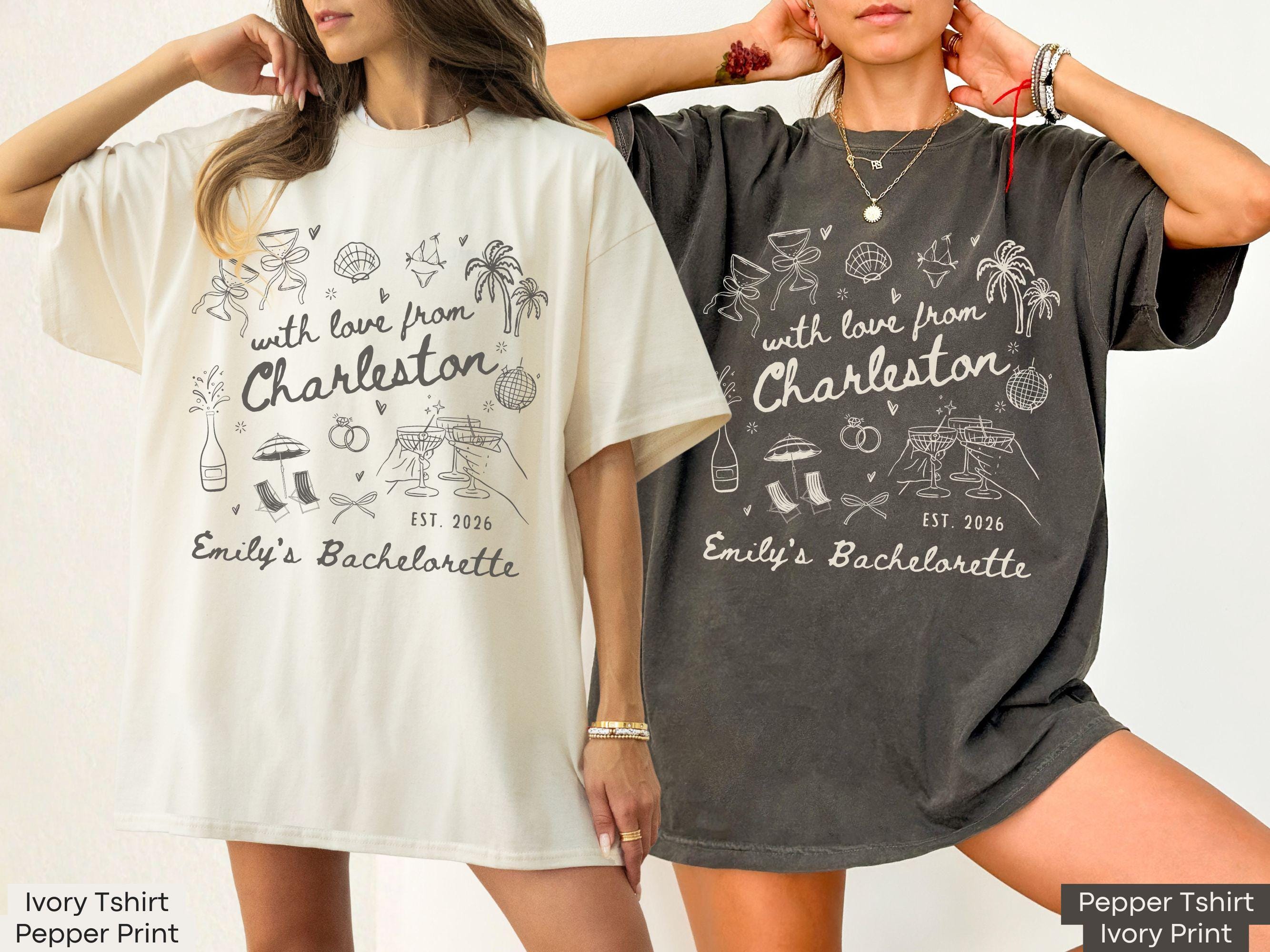 With Love From Charleston Bachelorette Shirt, Custom Location Beach Bridal Party Matching T-Shirt, Tropical Girls Weekend Trip Tops