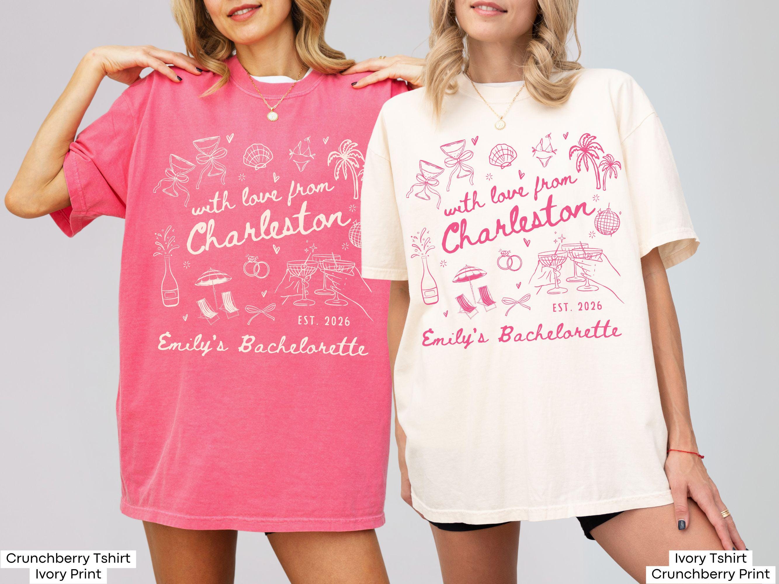 With Love From Charleston Bachelorette Shirt, Custom Location Beach Bridal Party Matching T-Shirt, Tropical Girls Weekend Trip Tops