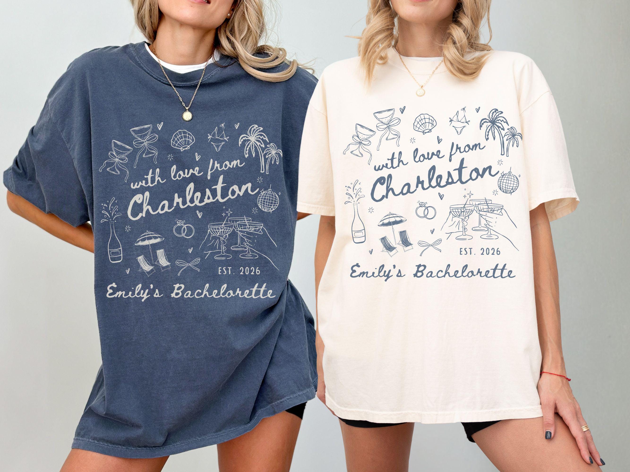 With Love From Charleston Bachelorette Shirt, Custom Location Beach Bridal Party Matching T-Shirt, Tropical Girls Weekend Trip Tops