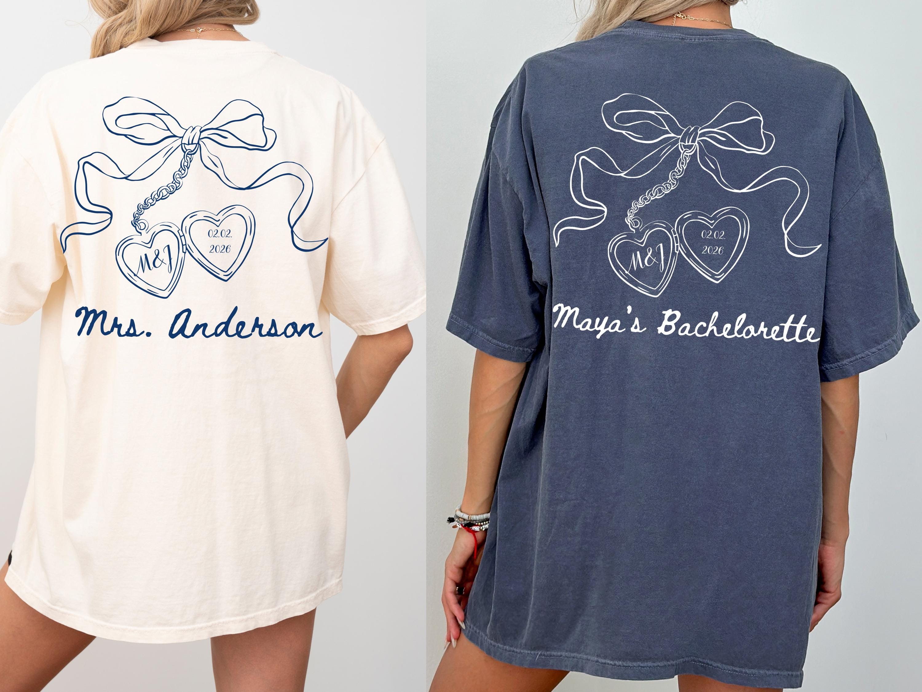 Bow Bachelorette Shirt, Coquette Bridal Party Tee, Heart Locket Bride T-Shirt, Future Mrs Shirt, Minimalist Bridesmaid Gift