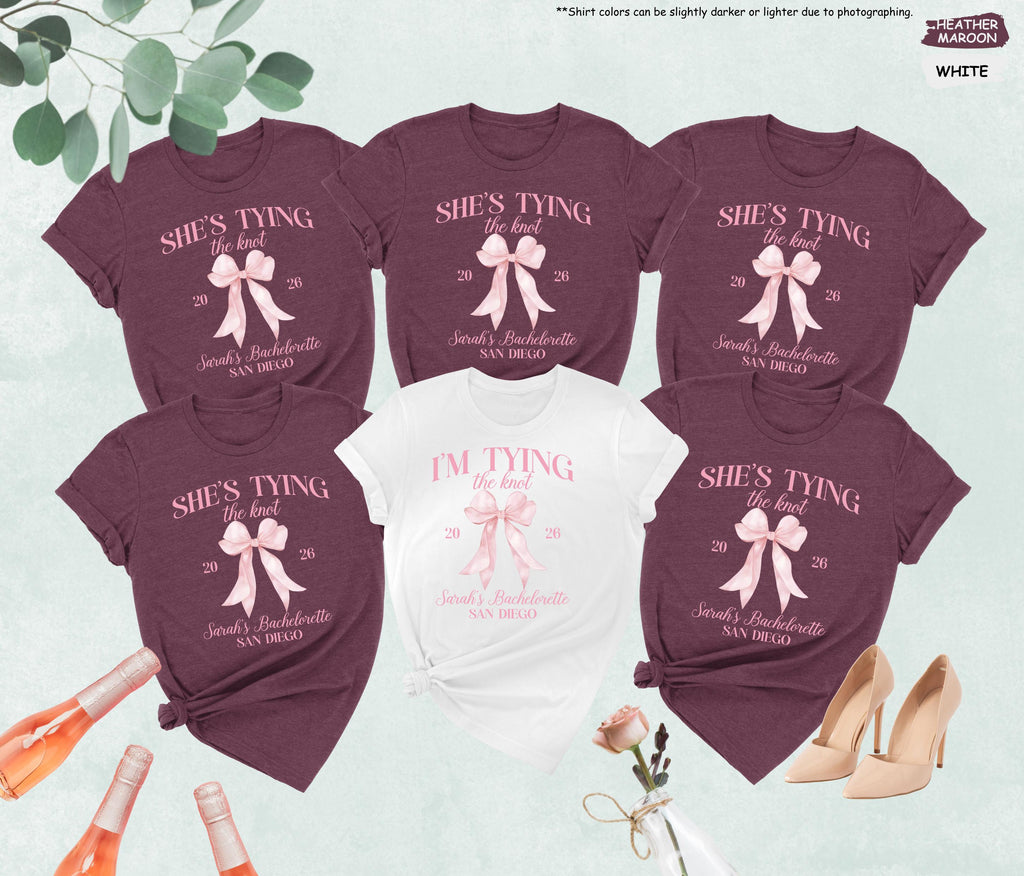 Bachelorette Party Shirts, She’s Tying the Knot Tee, Bridal Party Matching Shirts, Bride Squad Shirt, Bridesmaid Gift, Wedding Weekend Tee