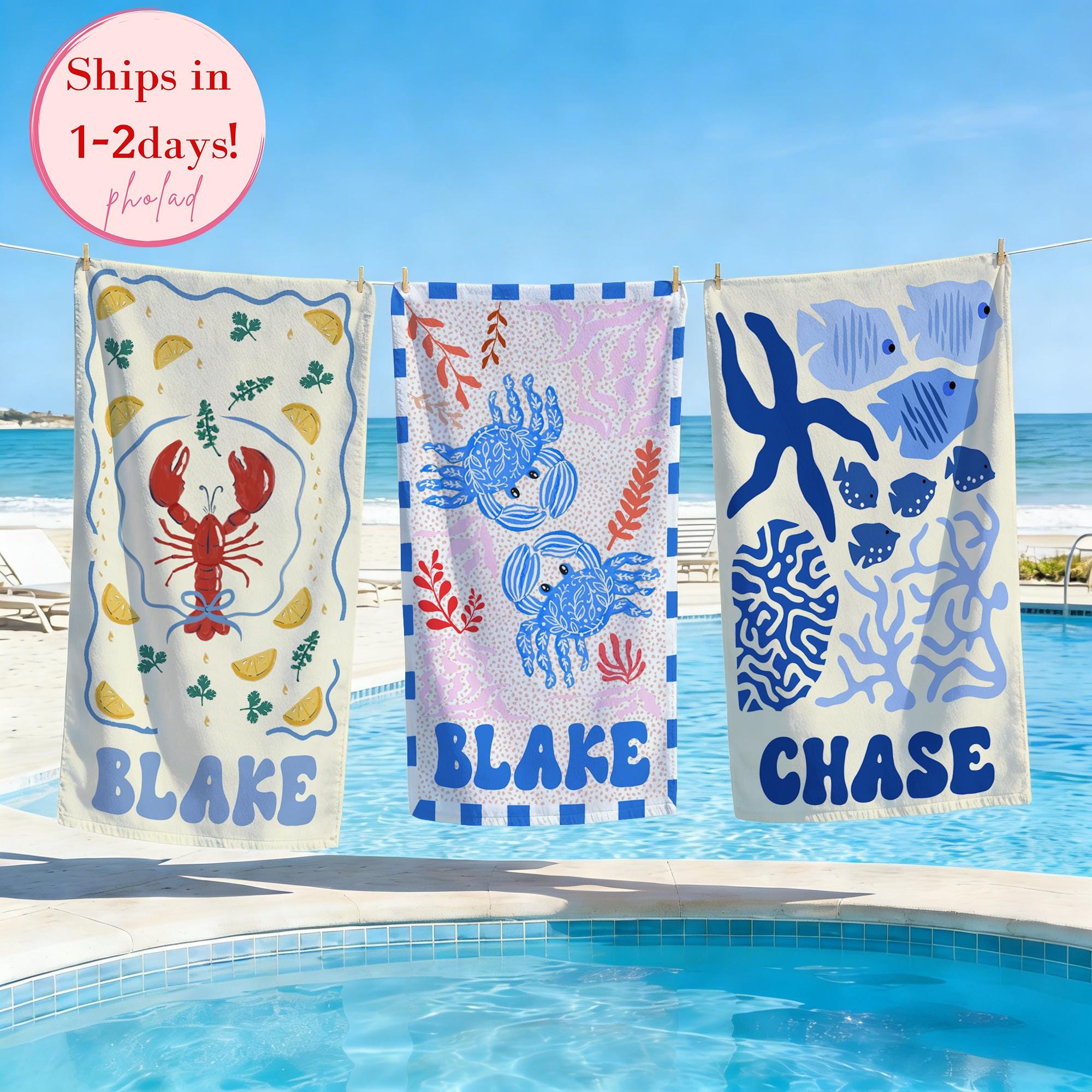 Personalized Marine Animal Beach Towel,Custom Name Towel for Baby/Kids,Vacation Girls Pool Towel,Beach Party Essentials,Cute Gift for Kids