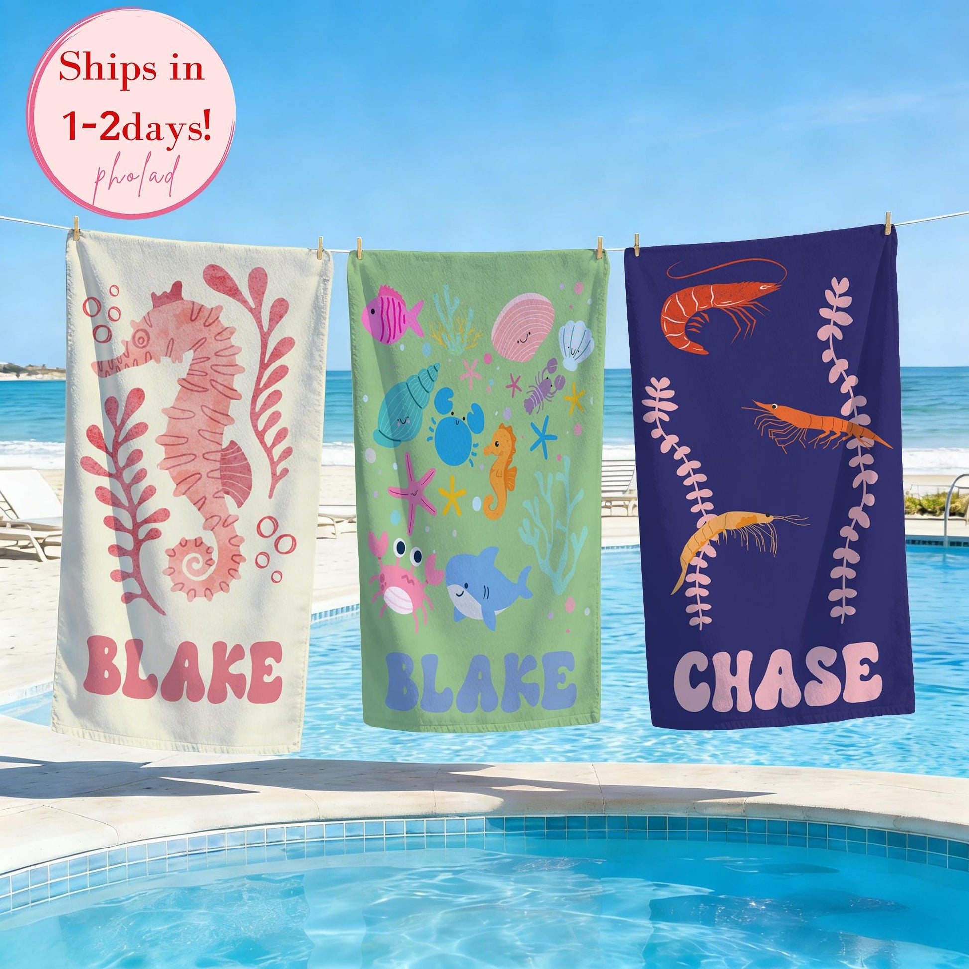 Personalized Marine Animal Beach Towel,Custom Name Towel for Baby/Kids,Vacation Girls Pool Towel,Beach Party Essentials,Cute Gift for Kids