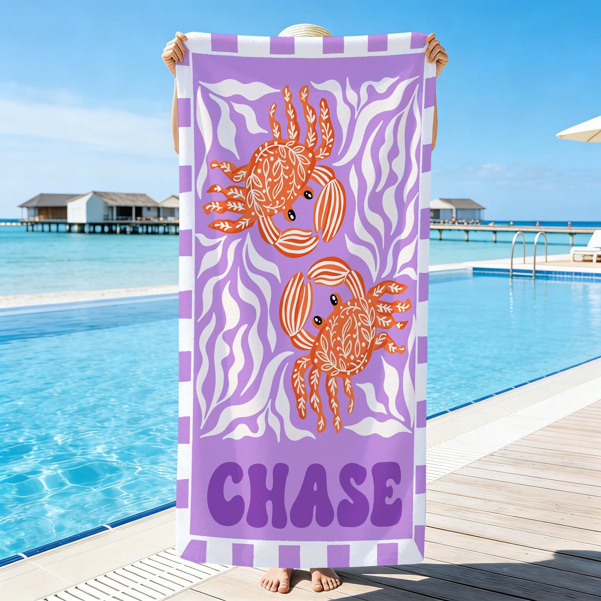 Personalized Marine Animal Beach Towel,Custom Name Towel for Baby/Kids,Vacation Girls Pool Towel,Beach Party Essentials,Cute Gift for Kids
