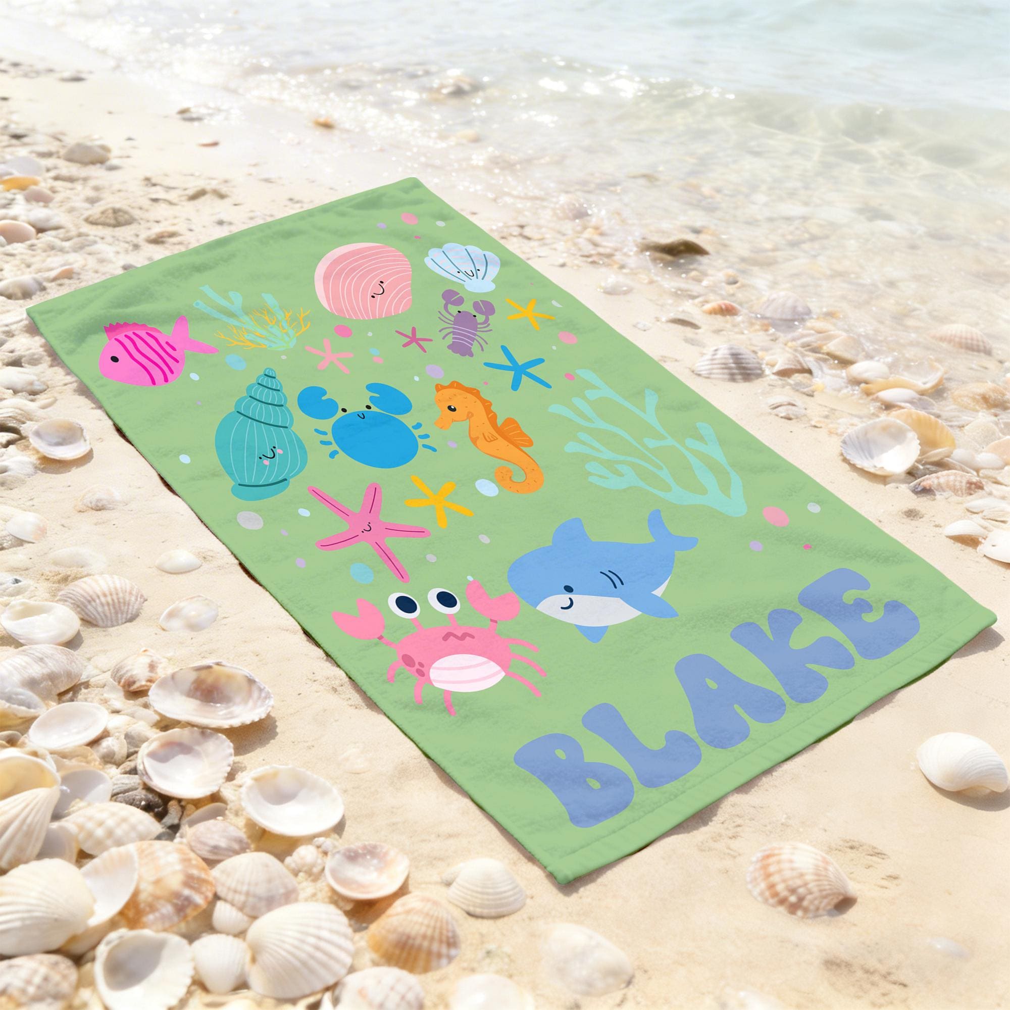 Personalized Marine Animal Beach Towel,Custom Name Towel for Baby/Kids,Vacation Girls Pool Towel,Beach Party Essentials,Cute Gift for Kids