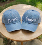 Personalized Groom Bride Hat, Custom Embroidered Wedding Couple Cap, Bachelorette Party Gift, Script Font Heart Hat, Matching Honeymoon Cap