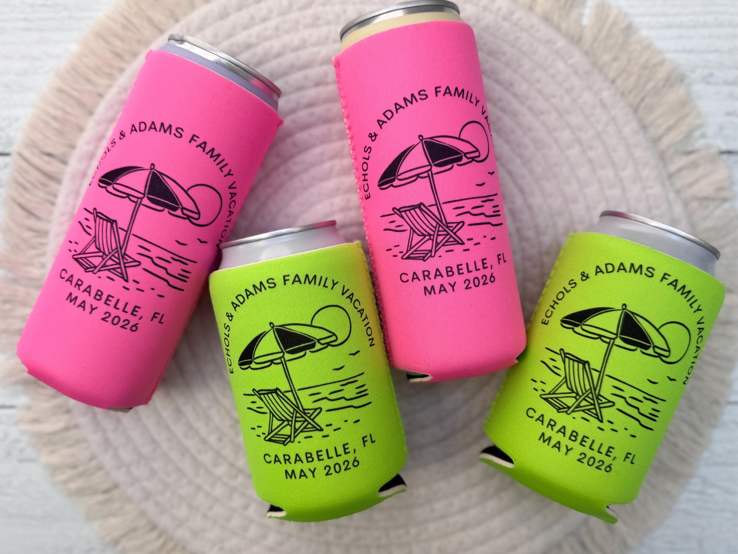 Personalized Neoprene Can Cooler: Beach Vacation, Family Reunion Favor