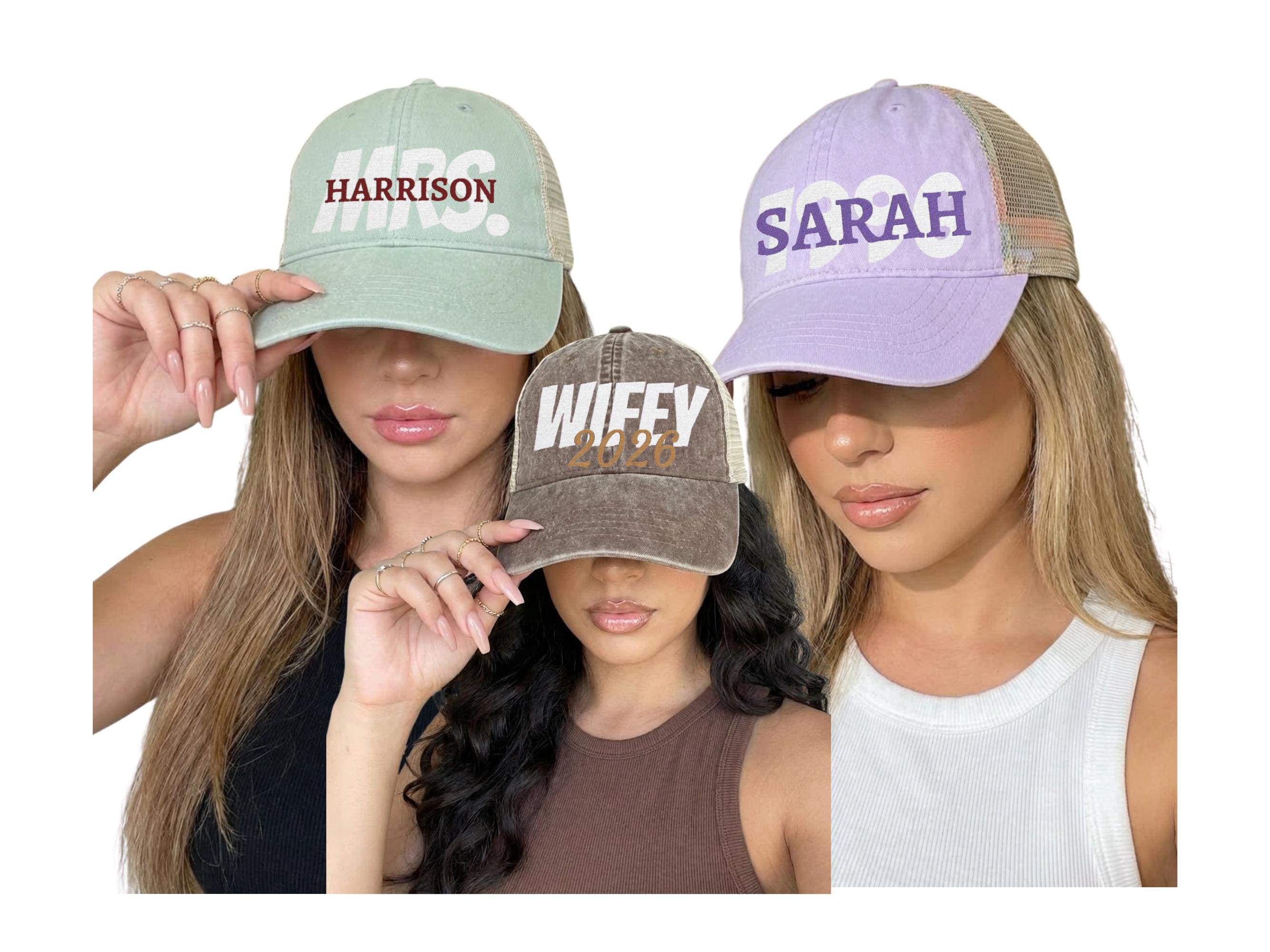 Custom Embroidered Wifey Wedding Date Gift for New Bride To-Be Text Mesh-Back Snapback Ponytail Retro Baseball Cap Vintage Style Trucker Hat