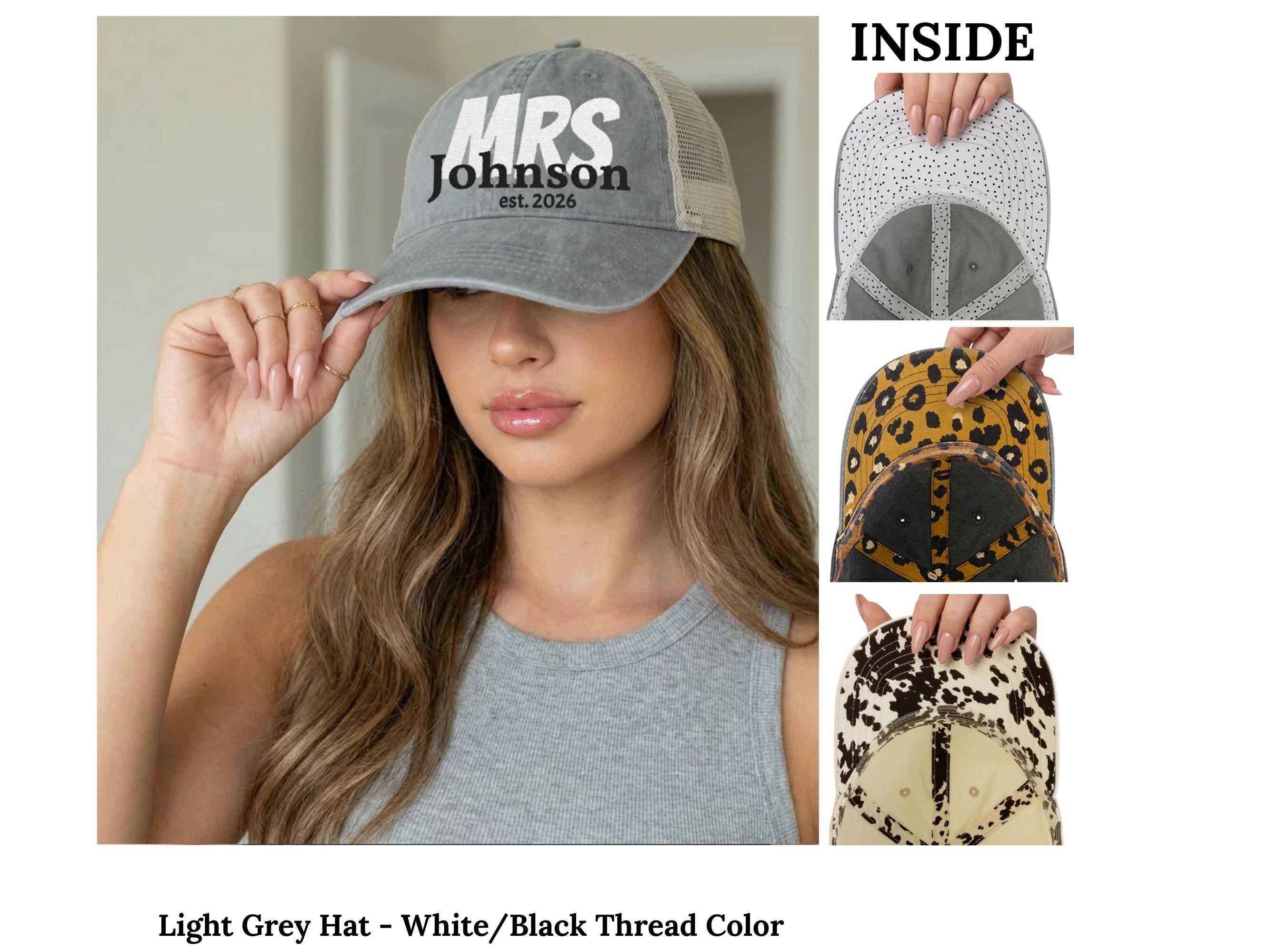 Custom Embroidered Wifey Wedding Date Gift for New Bride To-Be Text Mesh-Back Snapback Ponytail Retro Baseball Cap Vintage Style Trucker Hat