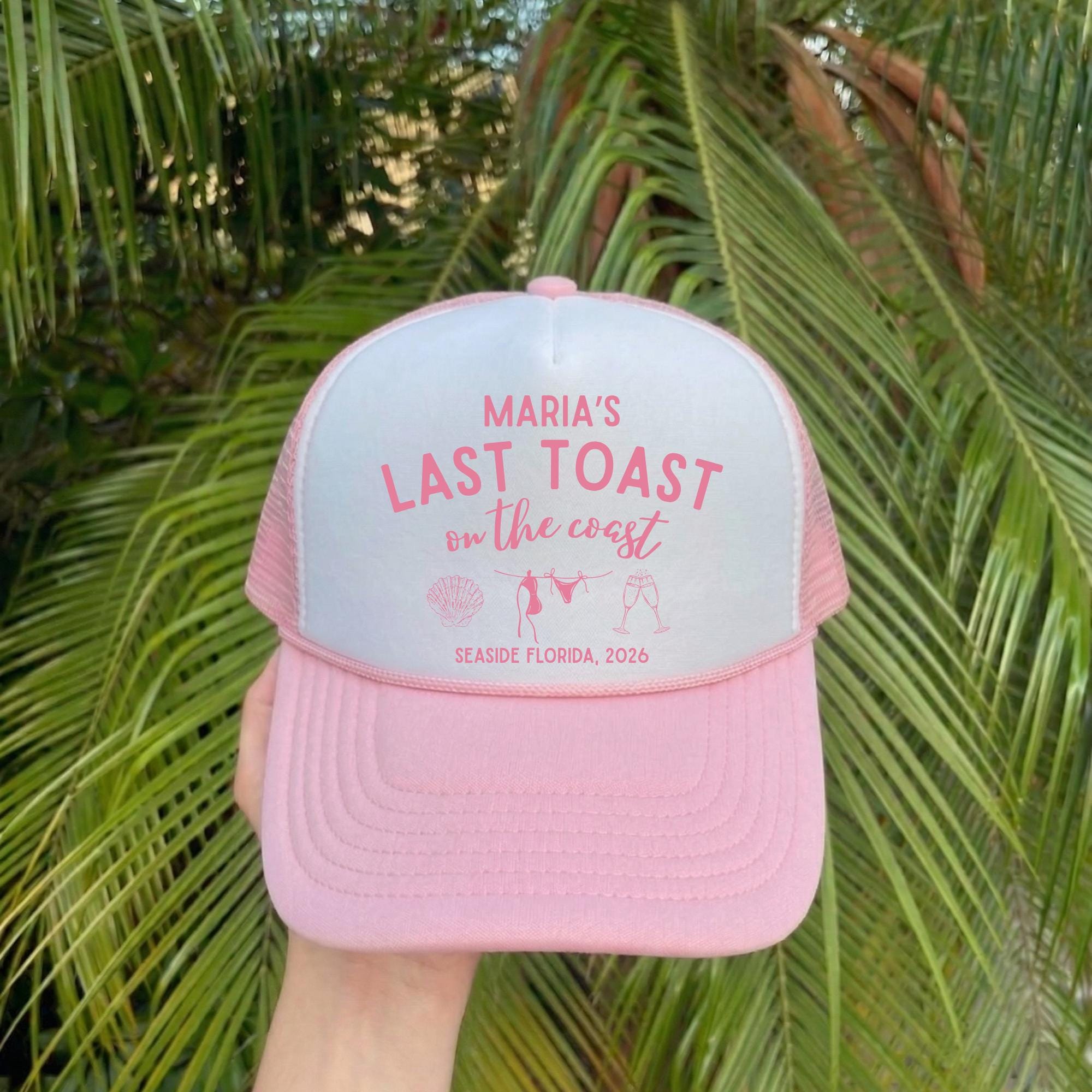 Last toast on the coast bachelorette trucker hats, Custom trucker hats, personalized bride tribe hats, beach bach party hats