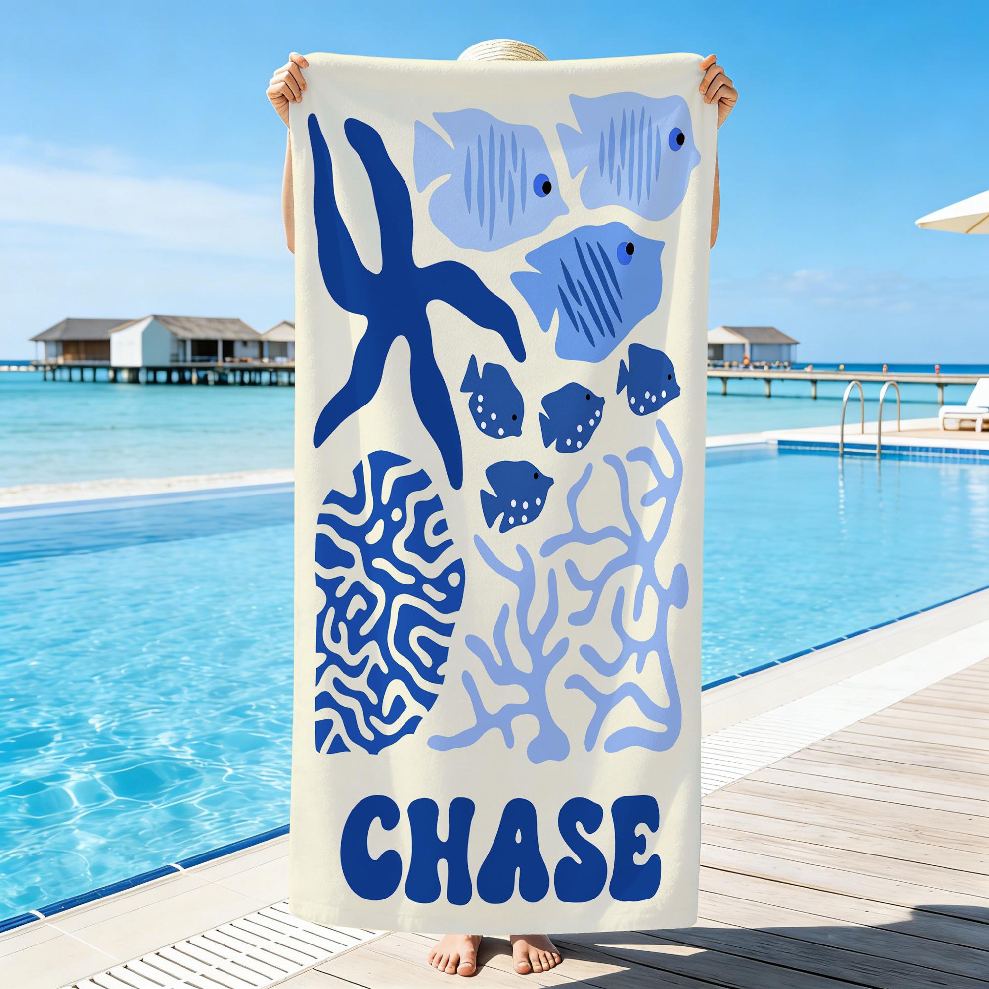 Personalized Marine Animal Beach Towel,Custom Name Towel for Baby/Kids,Vacation Girls Pool Towel,Beach Party Essentials,Cute Gift for Kids