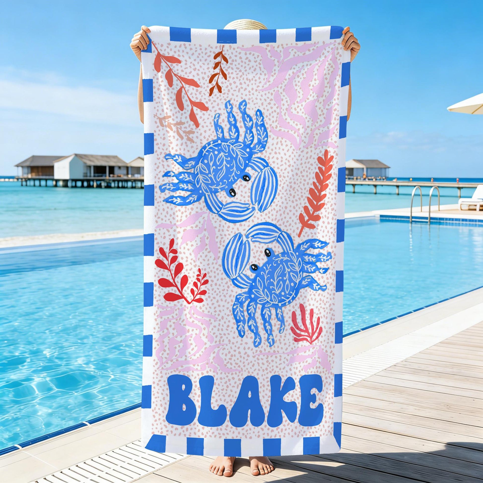 Personalized Marine Animal Beach Towel,Custom Name Towel for Baby/Kids,Vacation Girls Pool Towel,Beach Party Essentials,Cute Gift for Kids