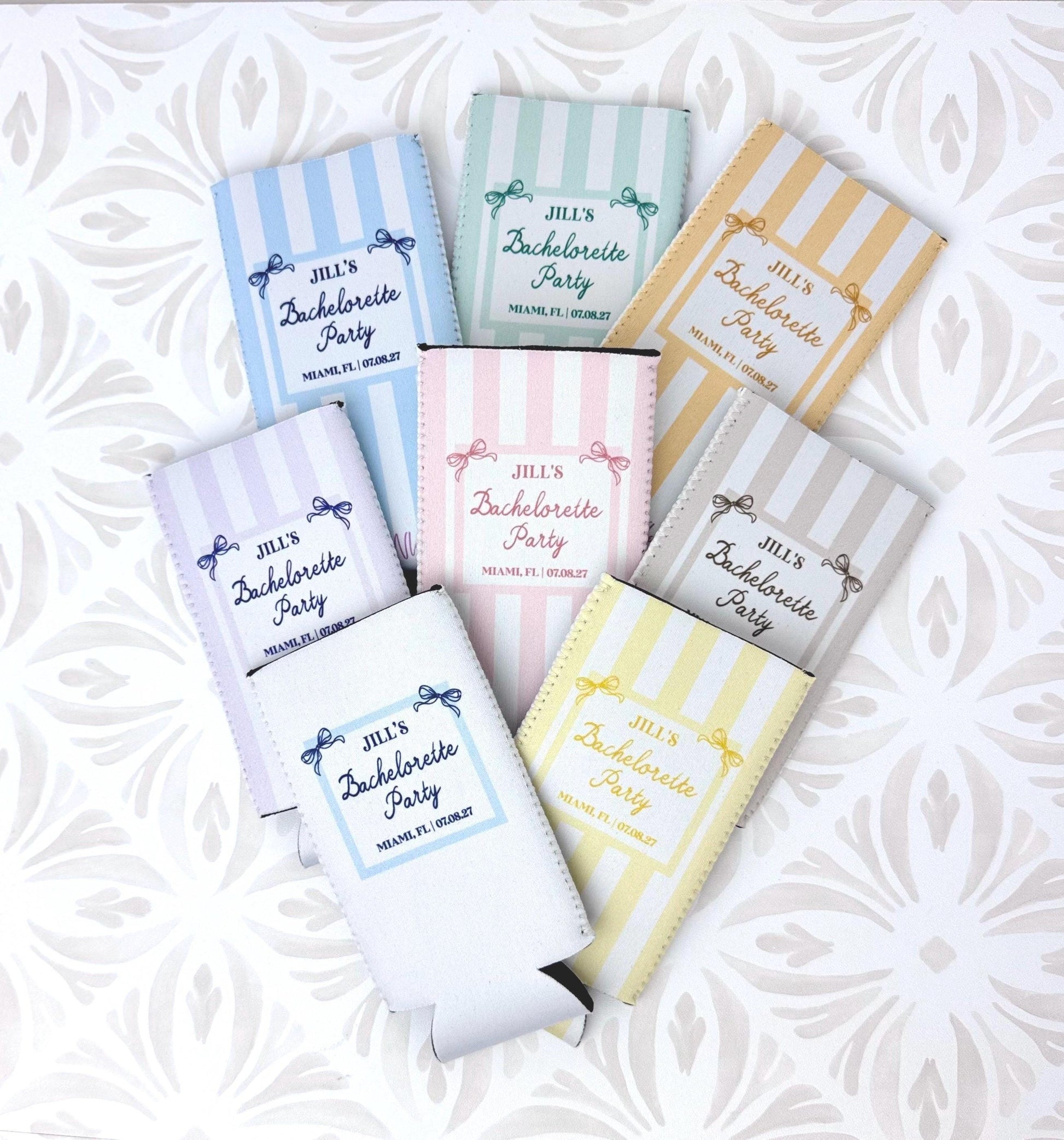 Personalized Beach Bachelorette Can Cooler – Coastal Bridal Party Favor – Custom Drink Holder - STRIPES