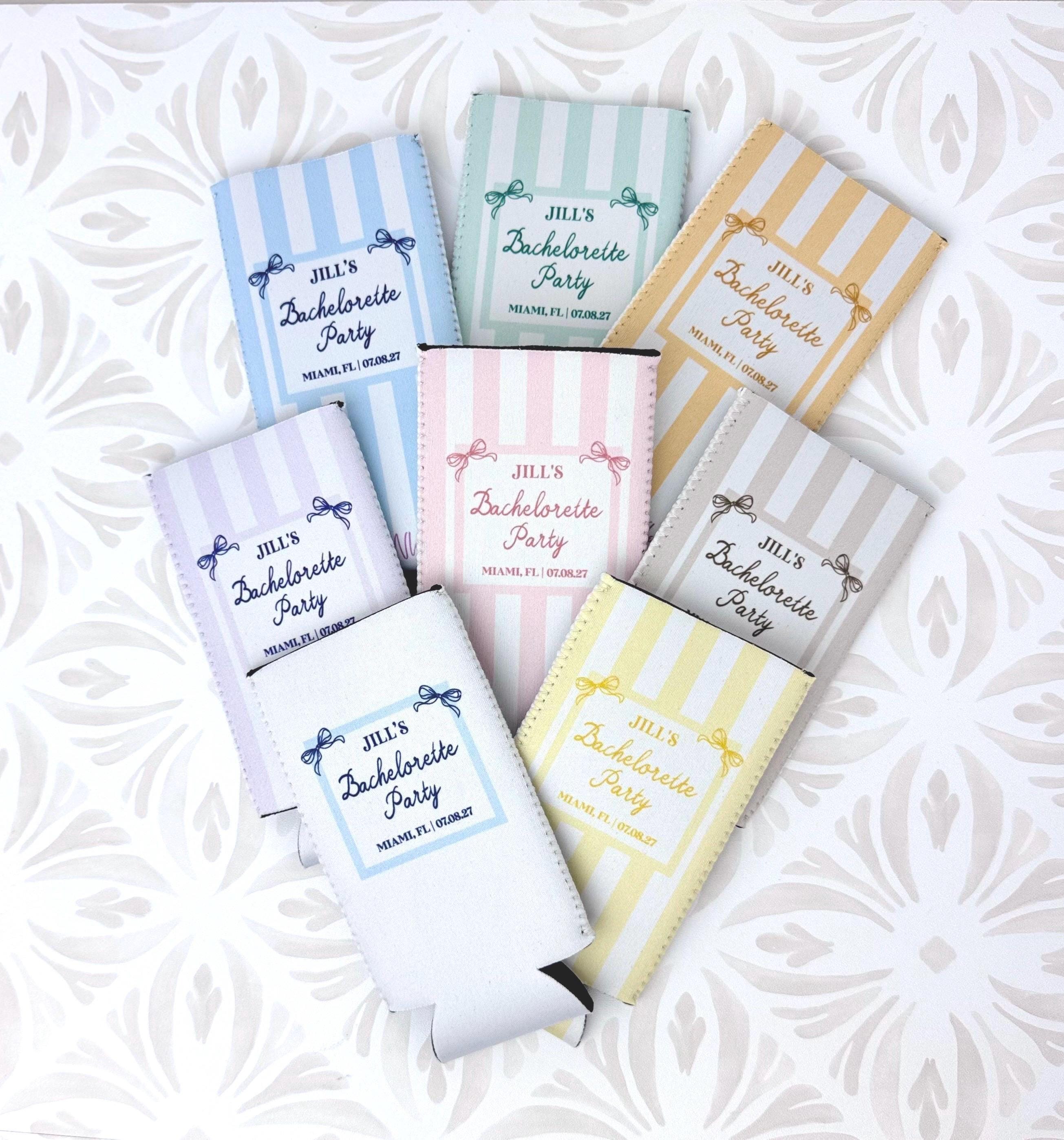 Personalized Beach Bachelorette Can Cooler – Coastal Bridal Party Favor – Custom Drink Holder - STRIPES