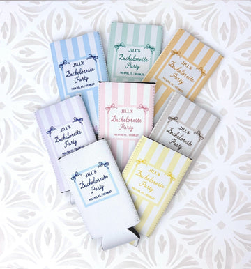 Personalized Beach Bachelorette Can Cooler – Coastal Bridal Party Favor – Custom Drink Holder - STRIPES