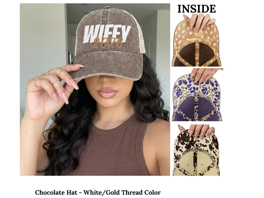 Custom Embroidered Wifey Wedding Date Gift for New Bride To-Be Text Mesh-Back Snapback Ponytail Retro Baseball Cap Vintage Style Trucker Hat