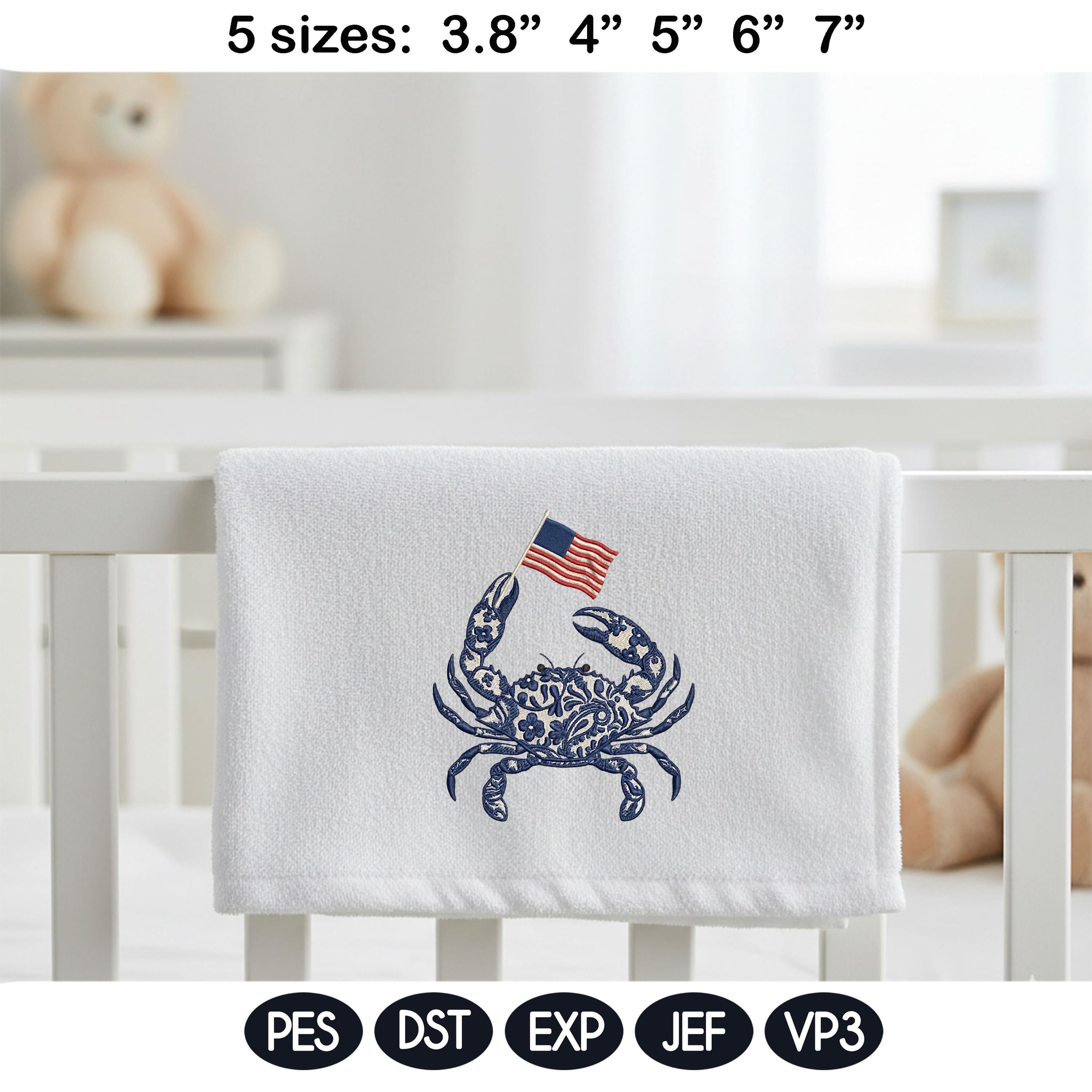 Chinoiserie Crab Embroidery Design with USA Flag, Patriotic Nautical Sea Life, 4th of July Machine Embroidery File,5 sizes, Digital Download