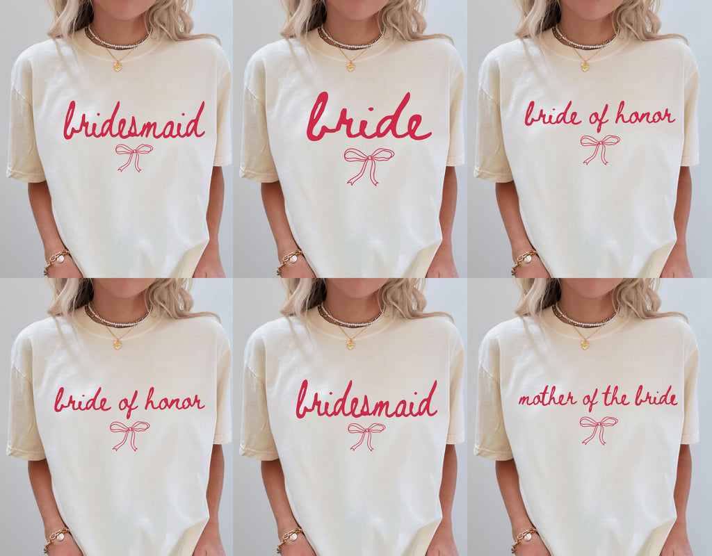 Coquette Bow Bride Shirt, Bachelorette Party Matching Tees, Bridesmaid Tee, Wedding Day Gift, Bridal Shower Shirts