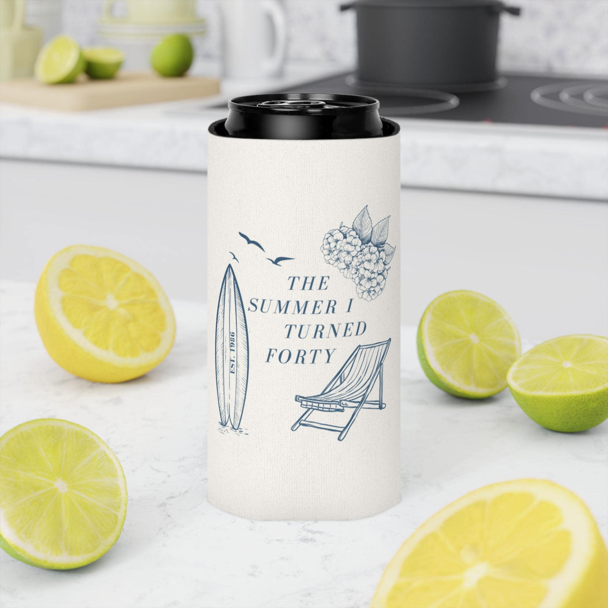 The Summer I Turned Thirty Birthday Can Cooler, 30th, 40th, 50th summer I turned any age Birthday party favors, Beach Birthday drink sleeve