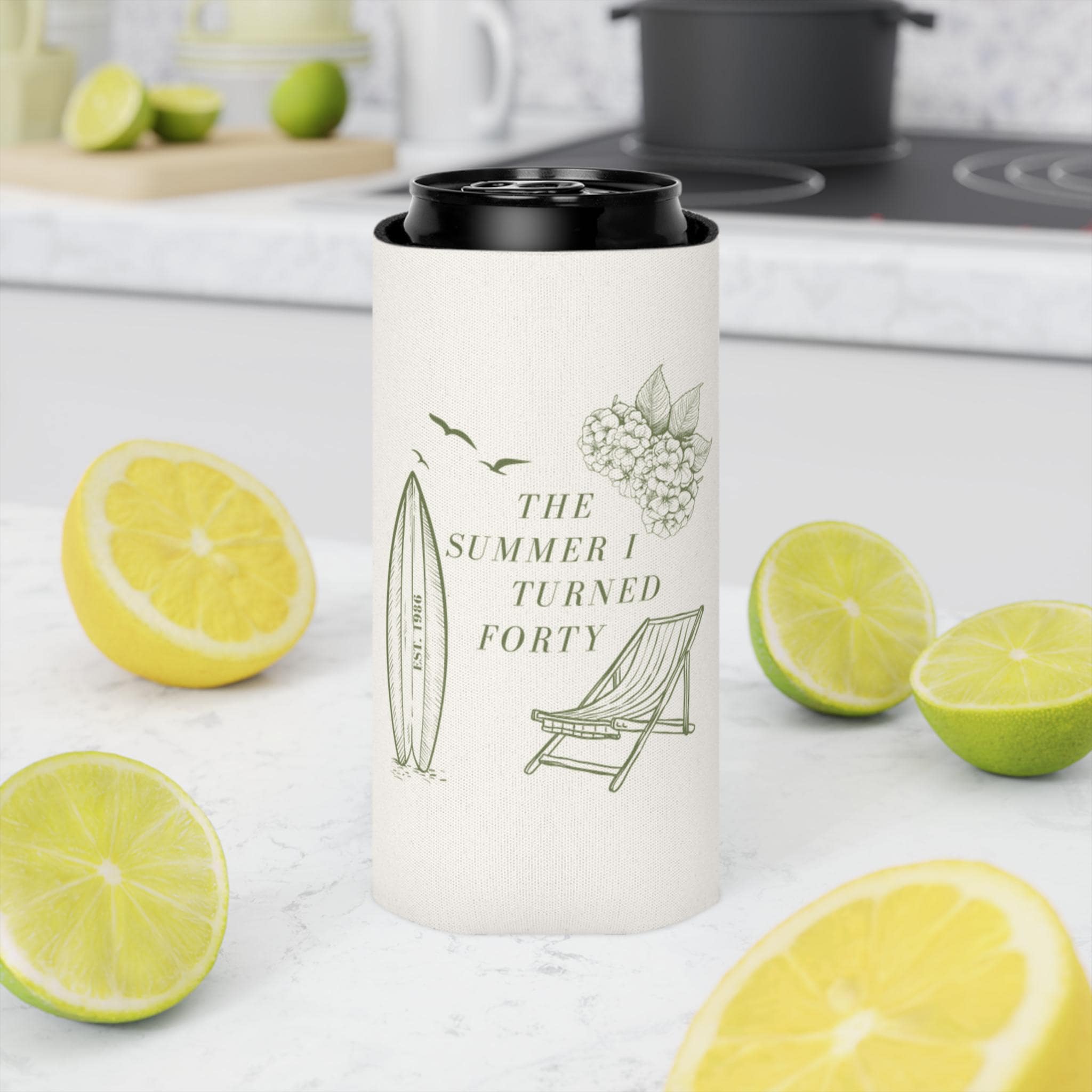 The Summer I Turned Thirty Birthday Can Cooler, 30th, 40th, 50th summer I turned any age Birthday party favors, Beach Birthday drink sleeve