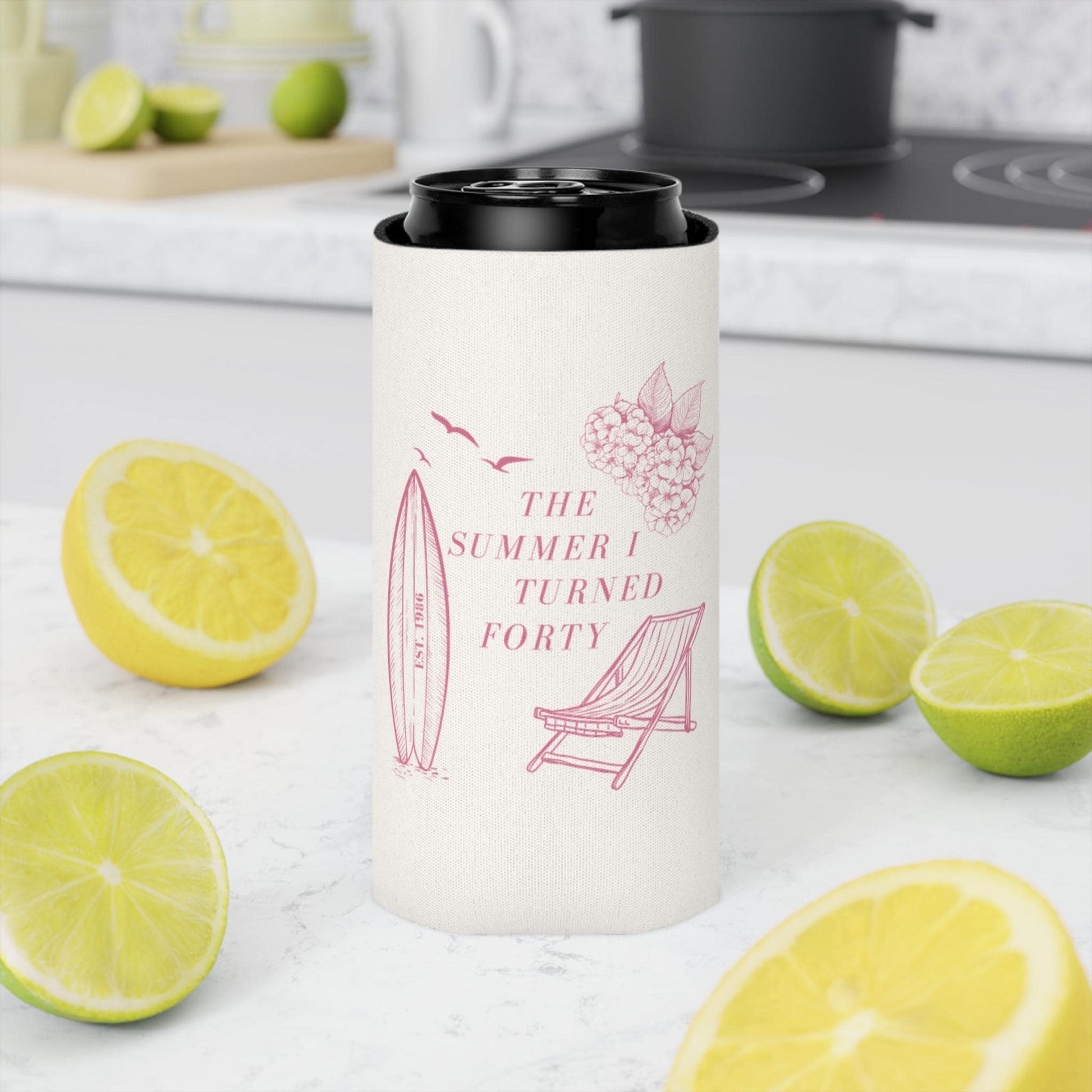 The Summer I Turned Thirty Birthday Can Cooler, 30th, 40th, 50th summer I turned any age Birthday party favors, Beach Birthday drink sleeve