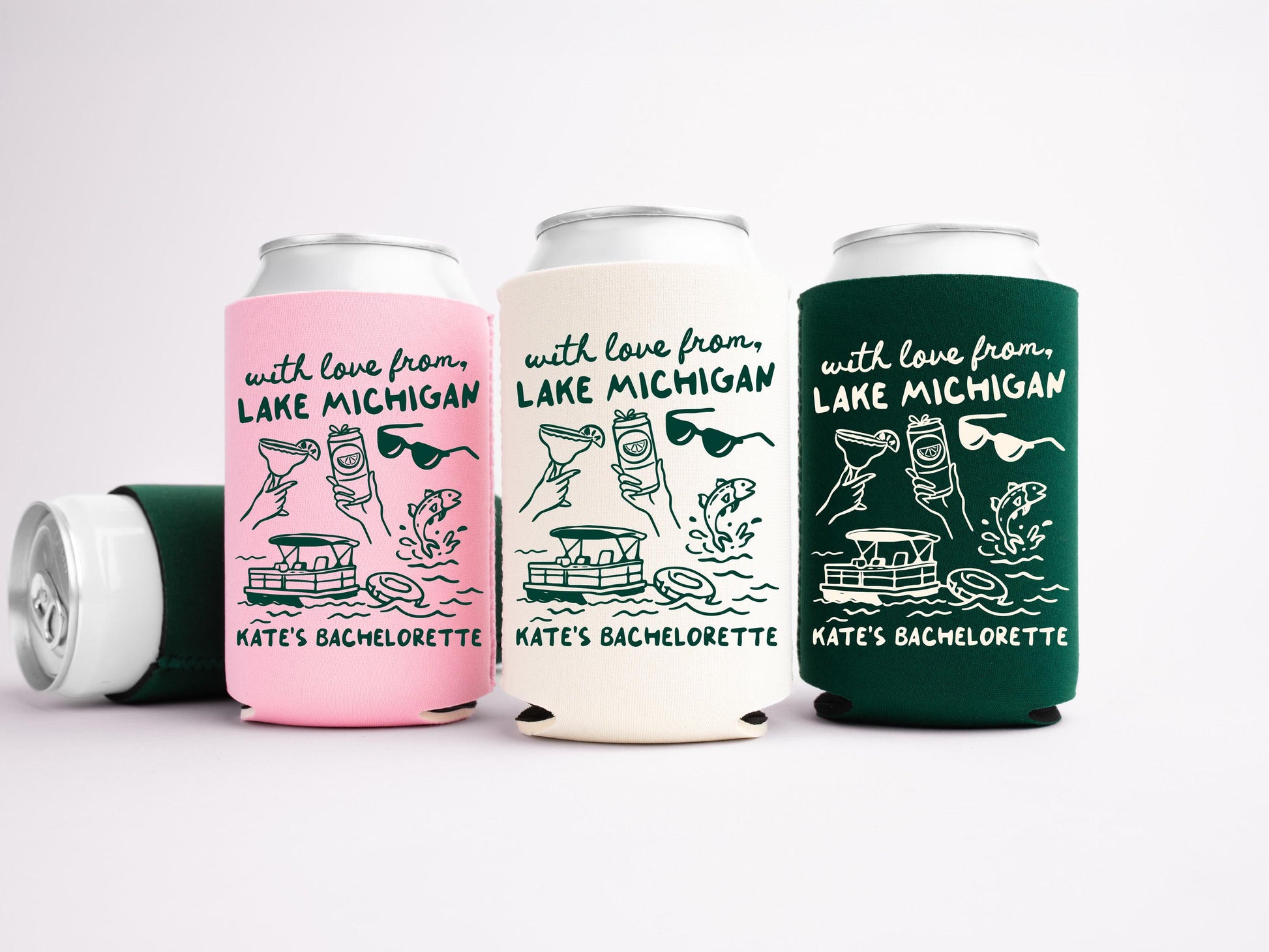With Love From Lake Michigan Bachelorette Can Coolers - Custom Camp Bachelorette Party Favors - Personalized Cozies in Regular and Slim Size