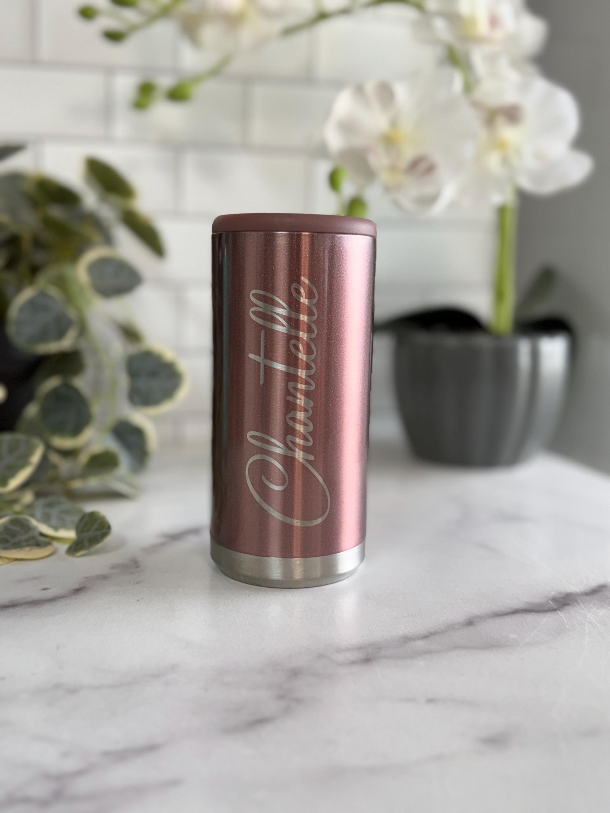 Custom Laser Engraved 12oz Slim Can Cooler: Stainless Steel, Personalized Design Party Favor