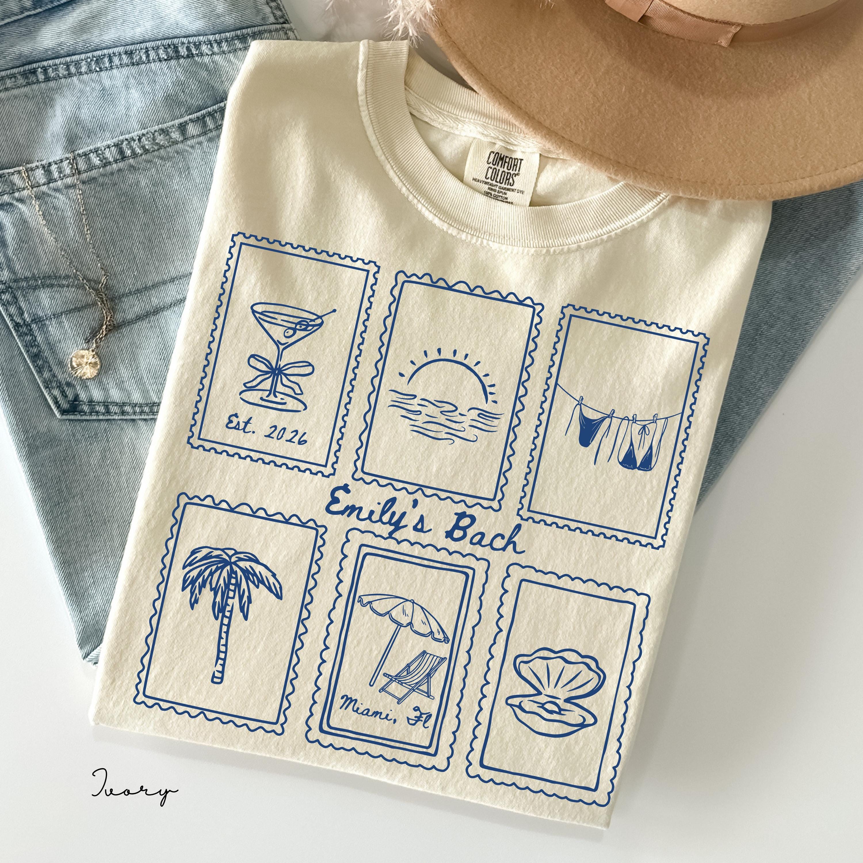 Custom Beach Bachelorette Comfort Colors Shirt, Coastal Bride Trip Tee, Bikini Shell Cocktail Party Shirt, Personalized group T-shirt, Gift