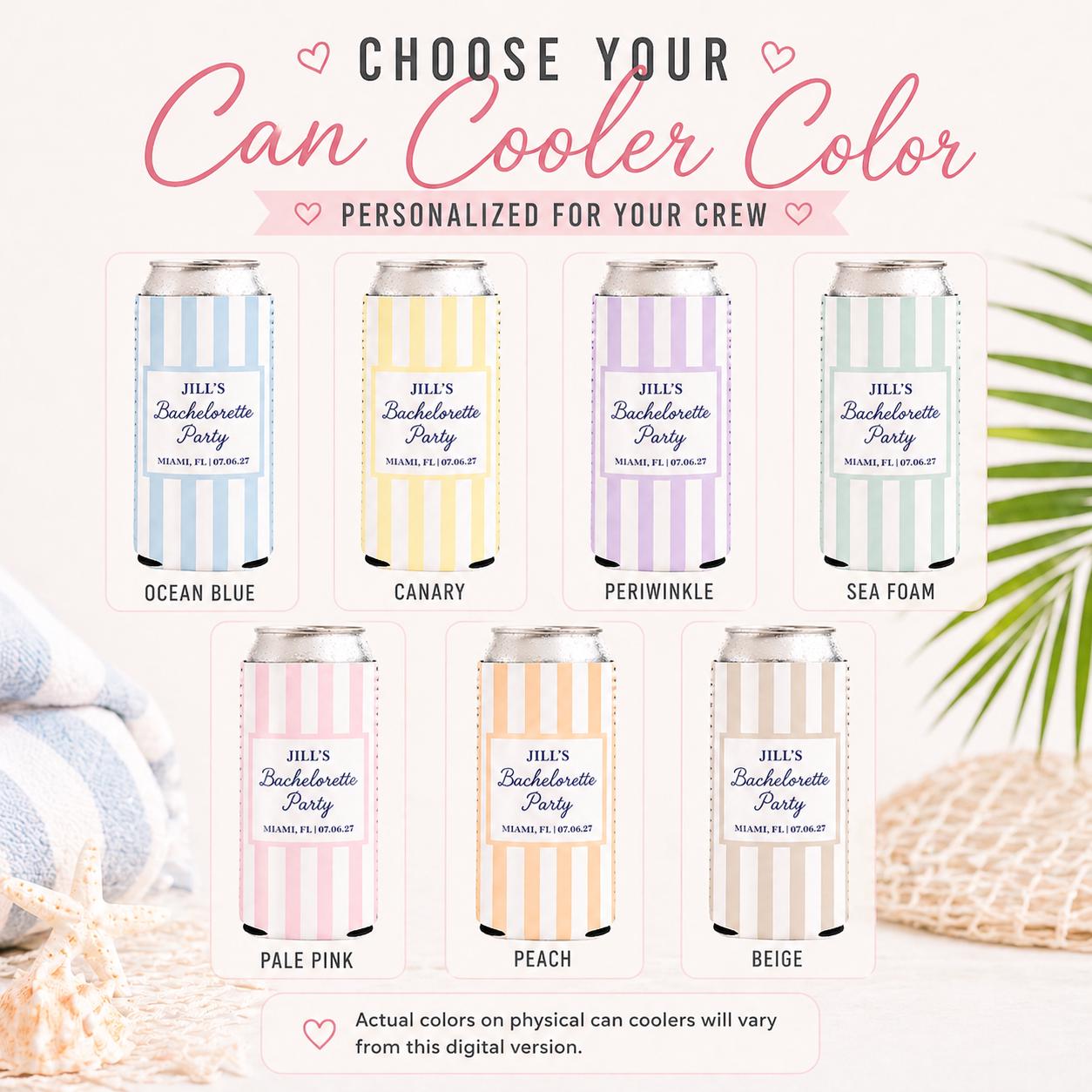 Beach Bachelorette Can Coolers, Personalized Coastal Themed Can Coolers, Coastal Birthday Party Favors – Custom Drink Holder - NOBOWS