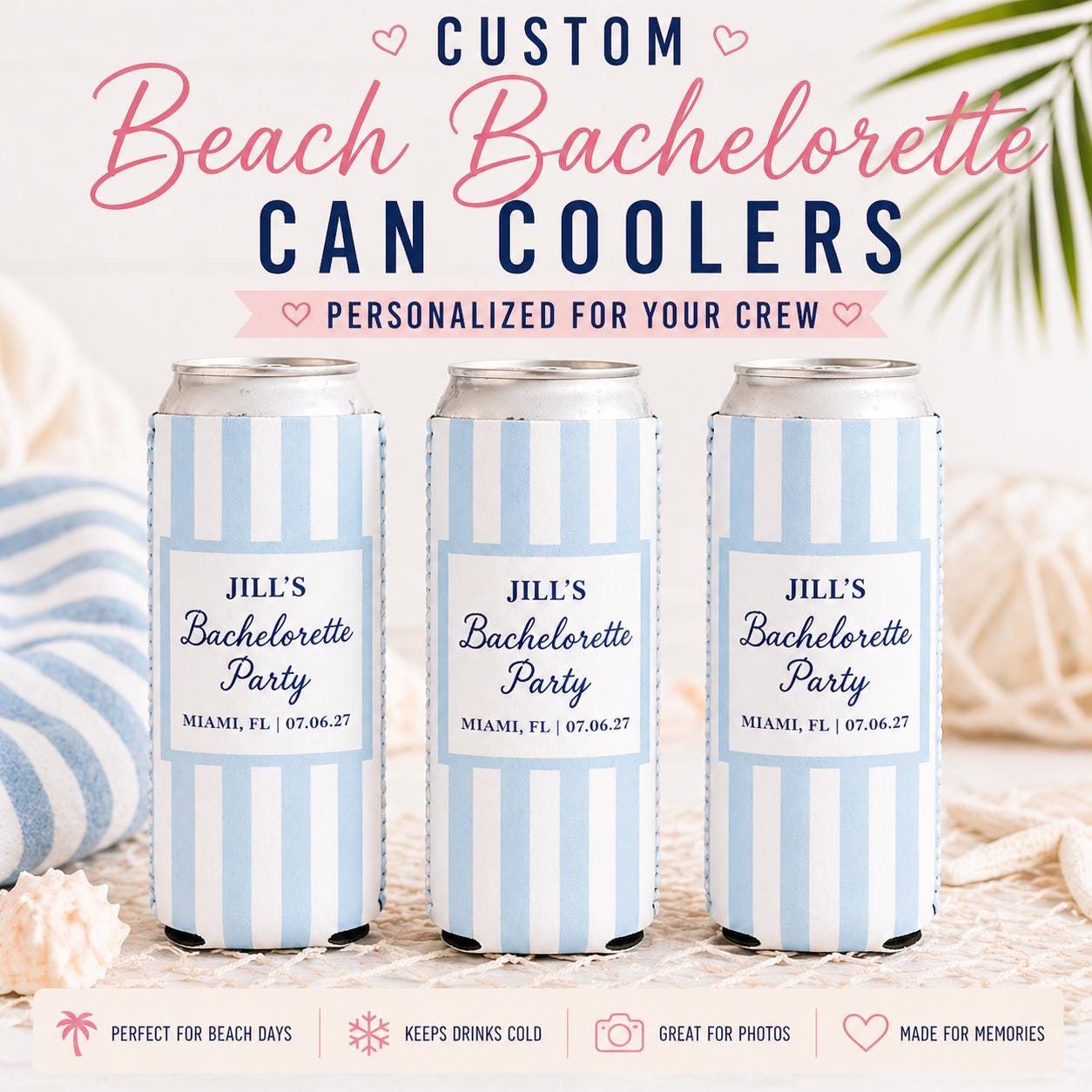 Beach Bachelorette Can Coolers, Personalized Coastal Themed Can Coolers, Coastal Birthday Party Favors – Custom Drink Holder - NOBOWS