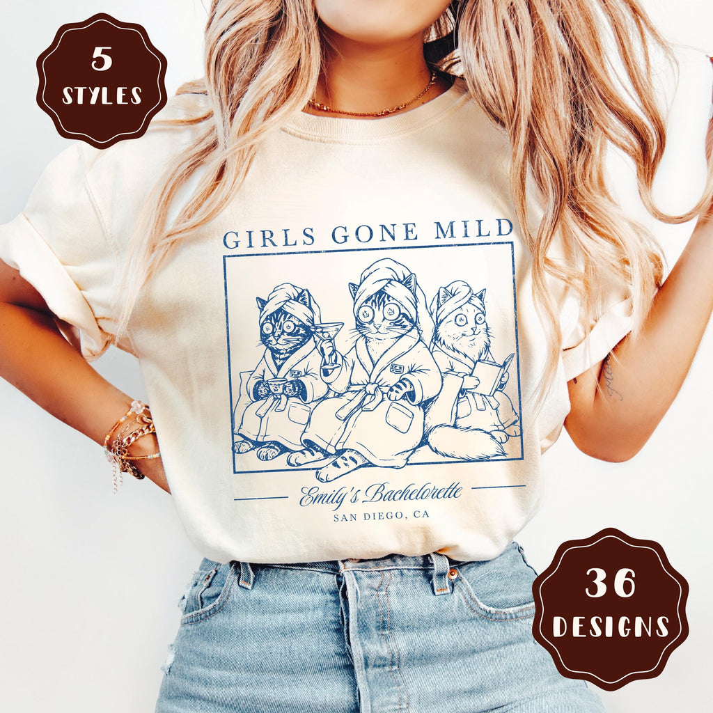 Girls Gone Mild Bachelorette Cat Shirt, Slumber Party Themed Bach Party Tshirt, Girls Trip Spa Chill Bach Tee, Pajama Sleepover Bach Tee