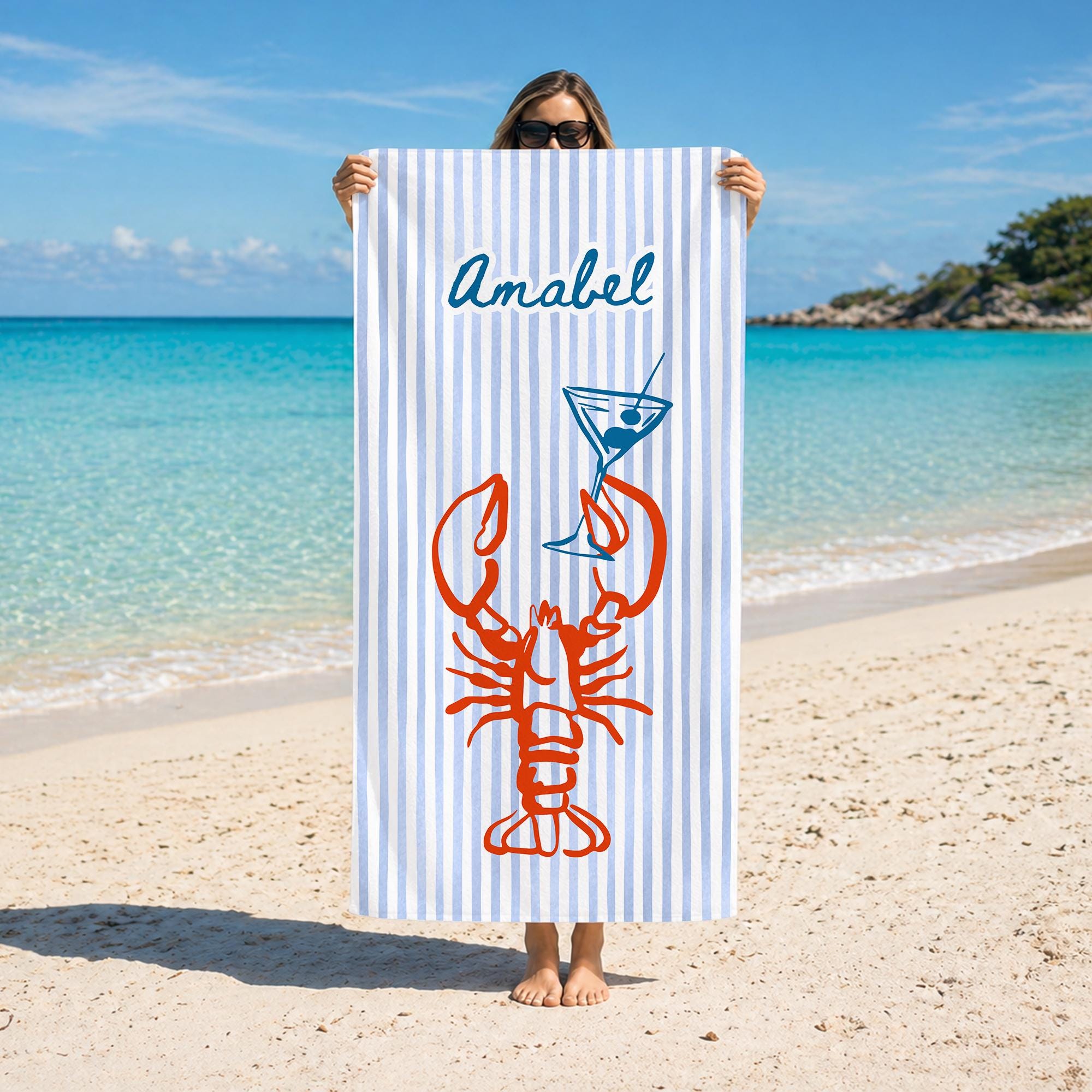 Personalized Beach Towel, Monogram Nautical Lobster Crab Fish Towel, Travel Summer Towels Gifts for Women, Custom Name Striped Pool Towel