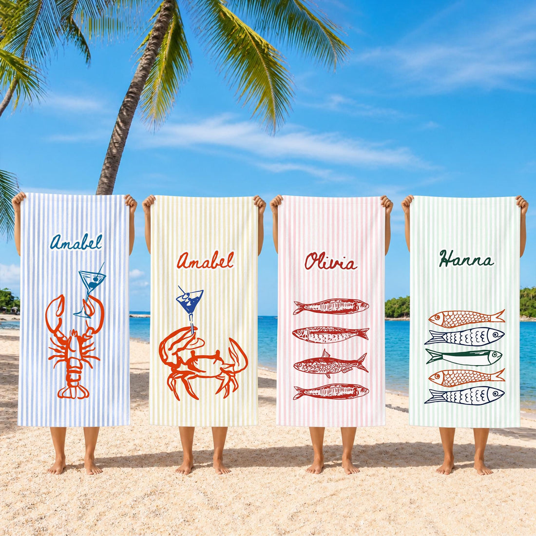 Personalized Beach Towel, Monogram Nautical Lobster Crab Fish Towel, Travel Summer Towels Gifts for Women, Custom Name Striped Pool Towel