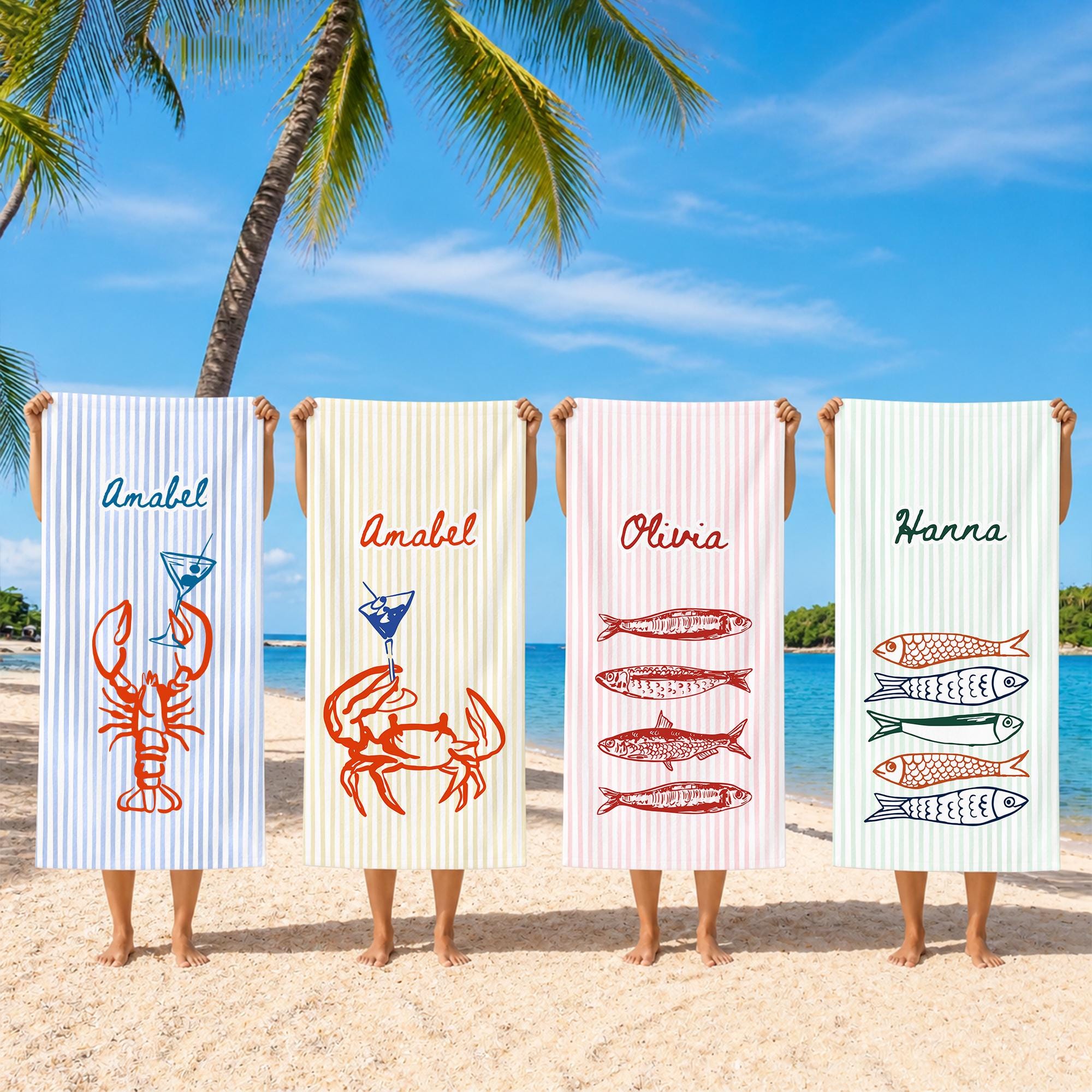 Personalized Beach Towel, Monogram Nautical Lobster Crab Fish Towel, Travel Summer Towels Gifts for Women, Custom Name Striped Pool Towel