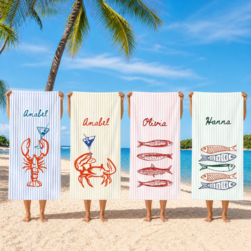 Personalized Beach Towel, Monogram Nautical Lobster Crab Fish Towel, Travel Summer Towels Gifts for Women, Custom Name Striped Pool Towel