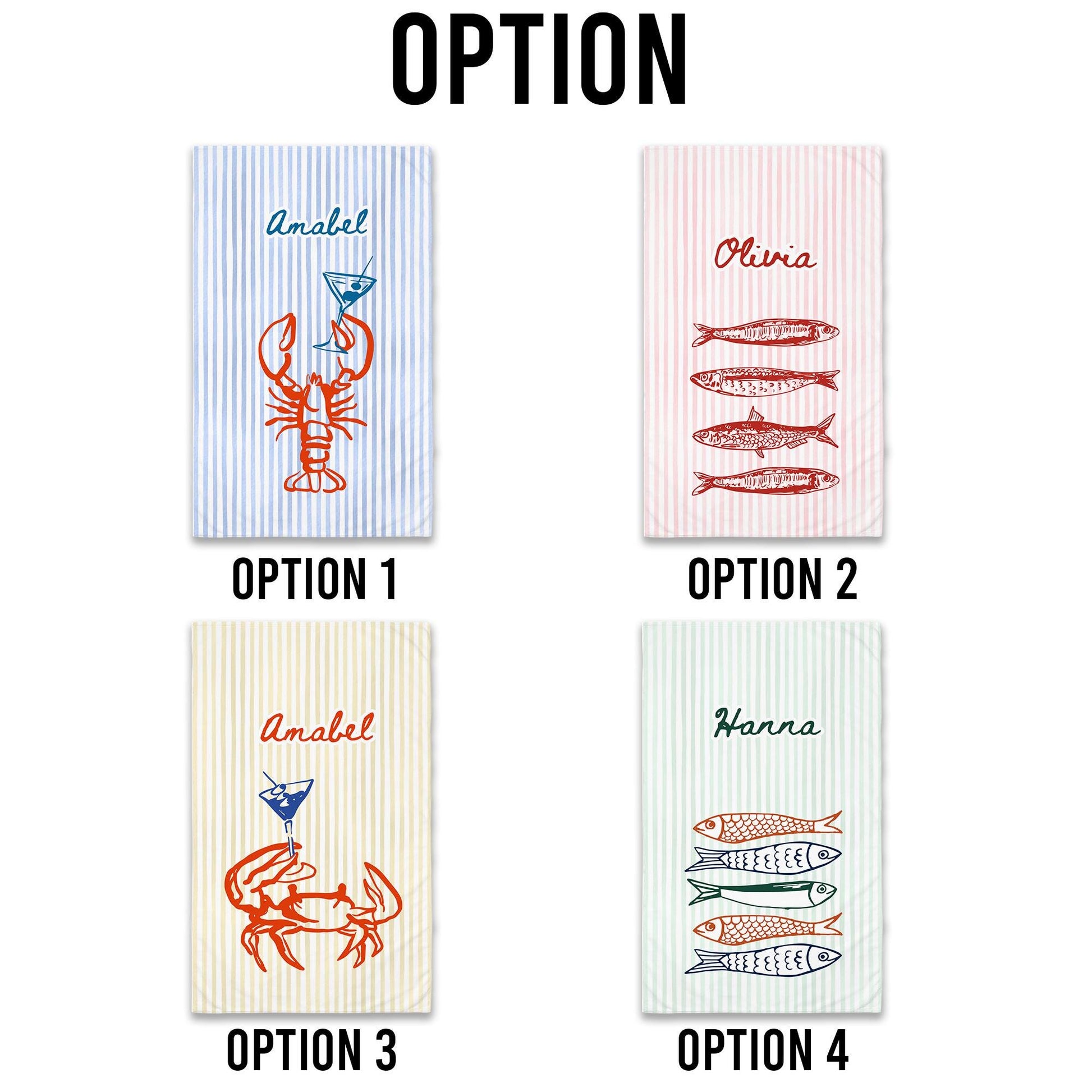 Personalized Beach Towel, Monogram Nautical Lobster Crab Fish Towel, Travel Summer Towels Gifts for Women, Custom Name Striped Pool Towel