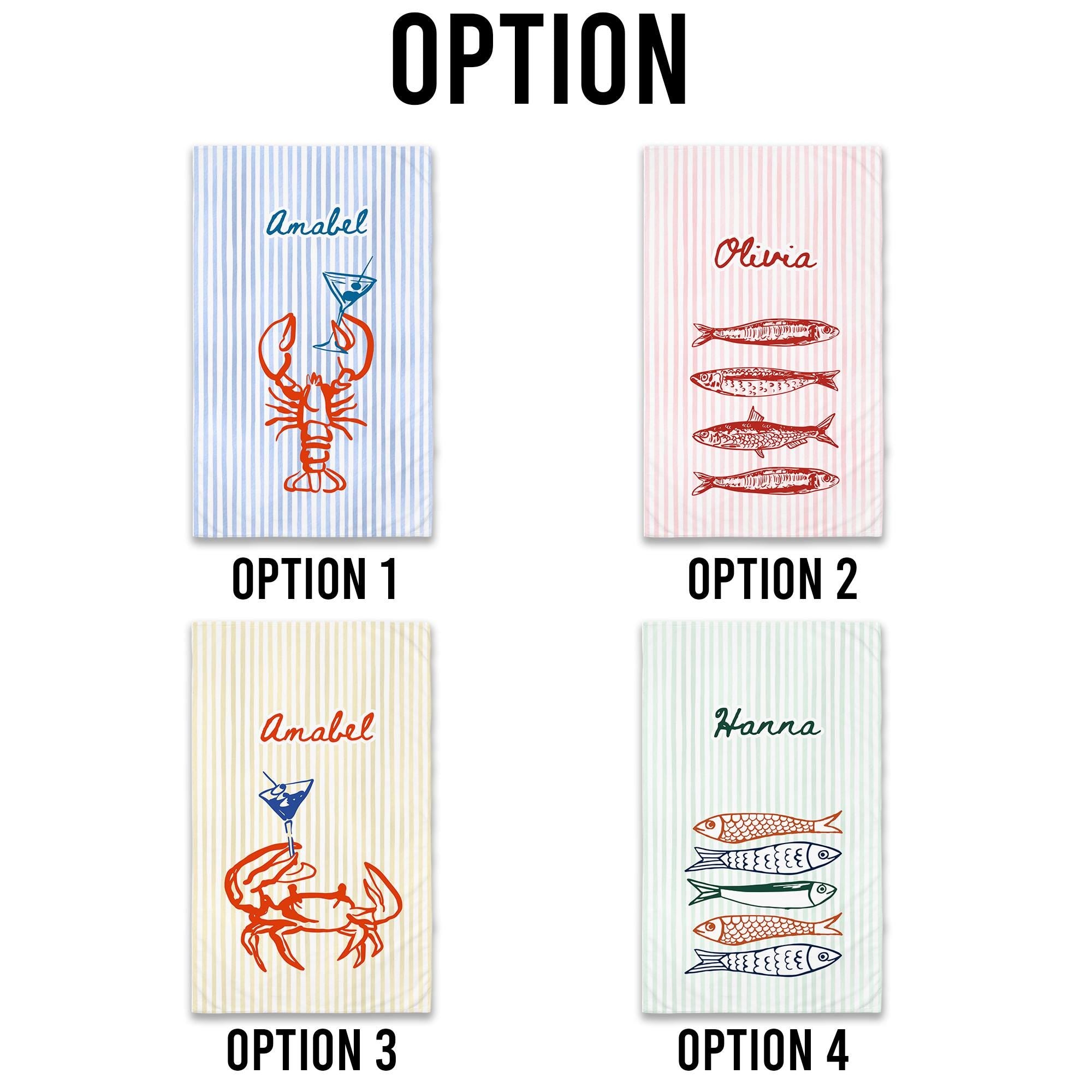 Personalized Beach Towel, Monogram Nautical Lobster Crab Fish Towel, Travel Summer Towels Gifts for Women, Custom Name Striped Pool Towel