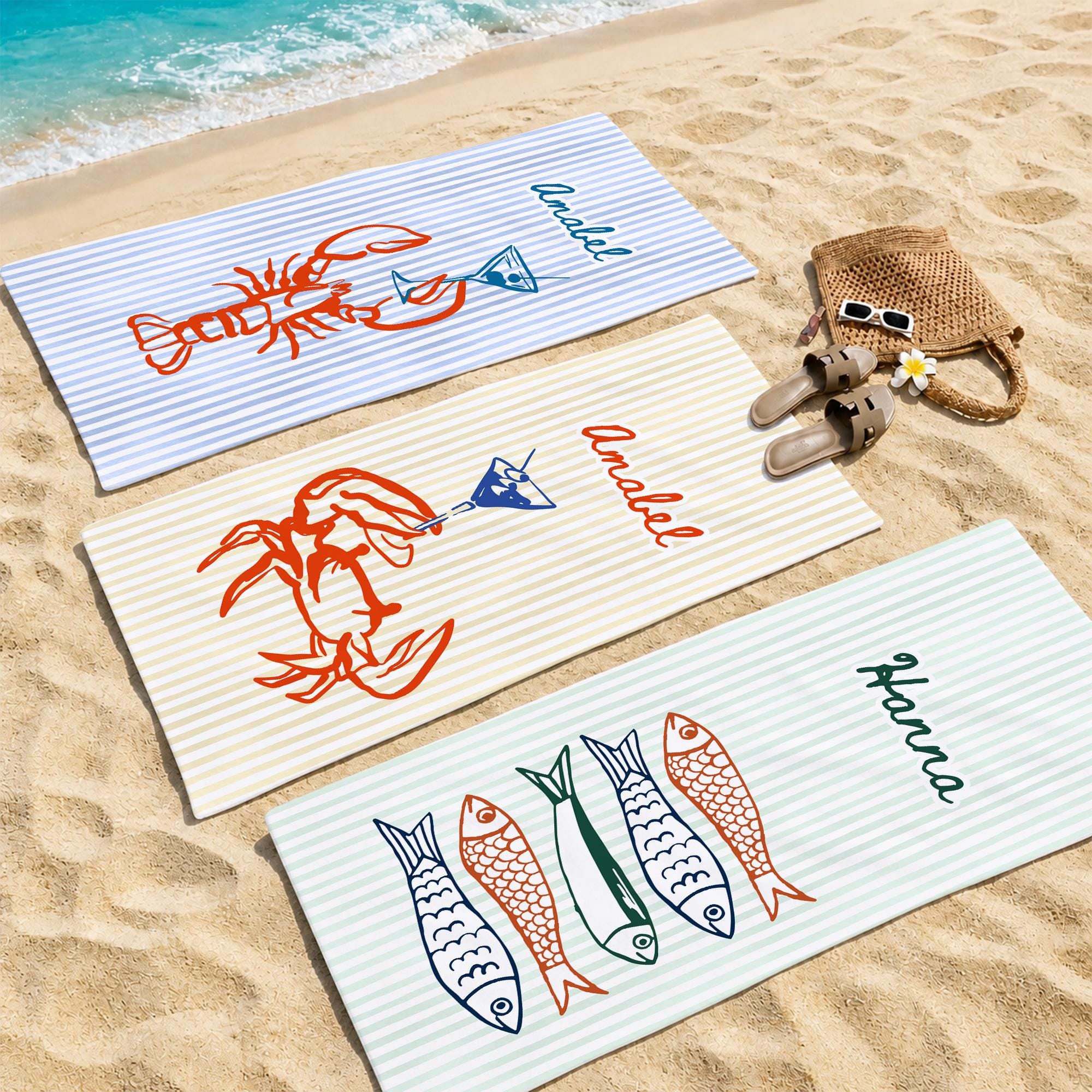 Personalized Beach Towel, Monogram Nautical Lobster Crab Fish Towel, Travel Summer Towels Gifts for Women, Custom Name Striped Pool Towel