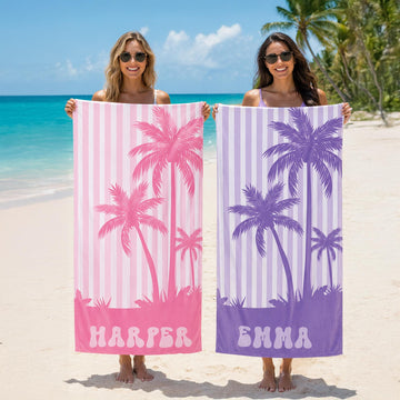 Personalized Palm Tree Beach Towel: Custom Vacation Gift, Bridesmaids Bachelorette Towels, Girls Trip Towel, Name Beach Towel