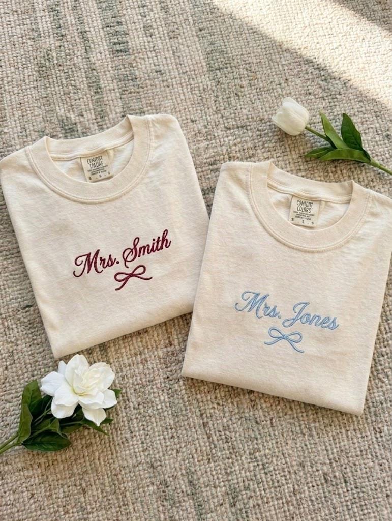 Custom Embroidery Mrs Bride Comfort Colors Shirt, Coquette Bow Bride Tee, Bachelorette Party Shirt, Engagement Gift, Wedding Gift for Her