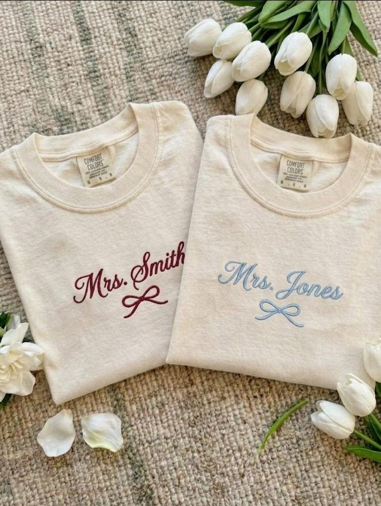 Custom Embroidery Mrs Bride Comfort Colors Shirt, Coquette Bow Bride Tee, Bachelorette Party Shirt, Engagement Gift, Wedding Gift for Her